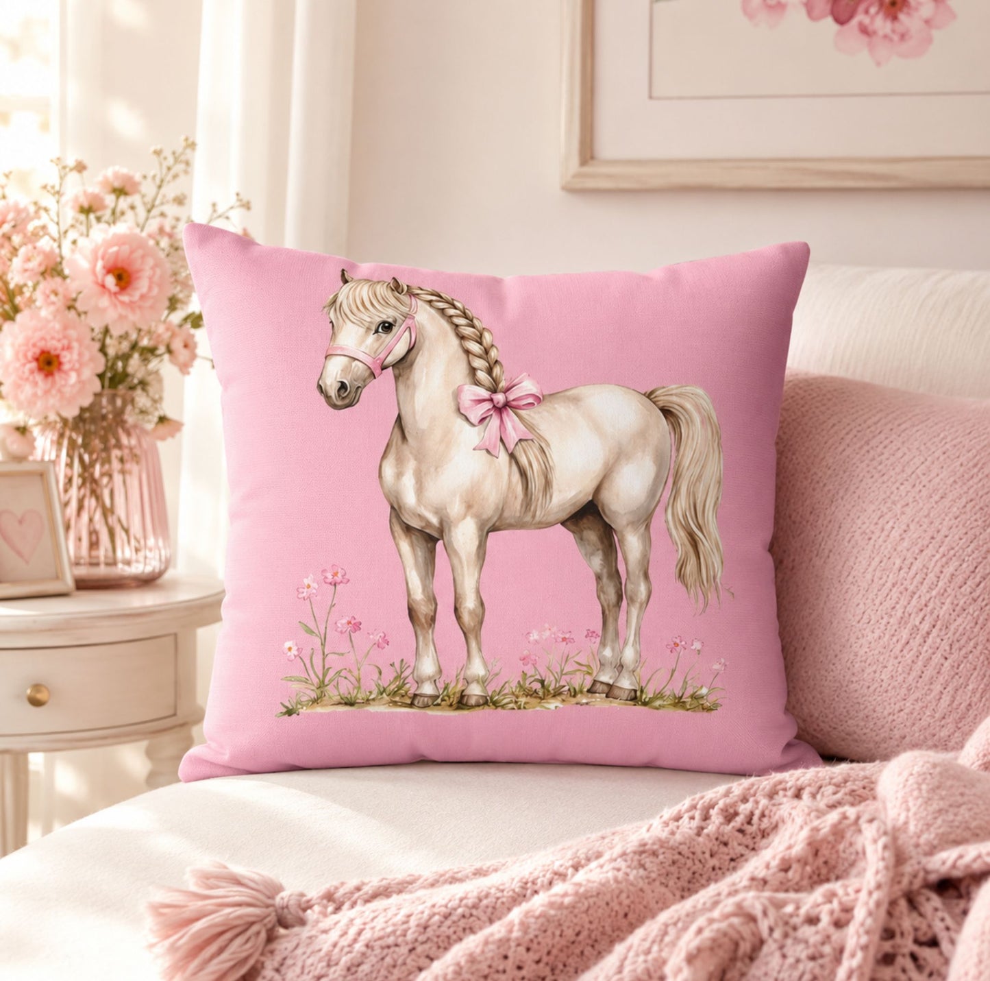 Pink Pony Decorative Pillowcase — Cute White Horse Throw Pillow Cover