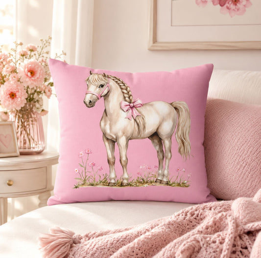 Pink Pony Decorative Pillowcase — Cute White Horse Throw Pillow Cover