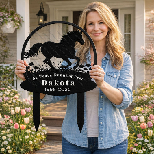 Personalized Horse Memorial Metal Garden Stake – Custom Running Horse Tribute Sign with Name & Dates