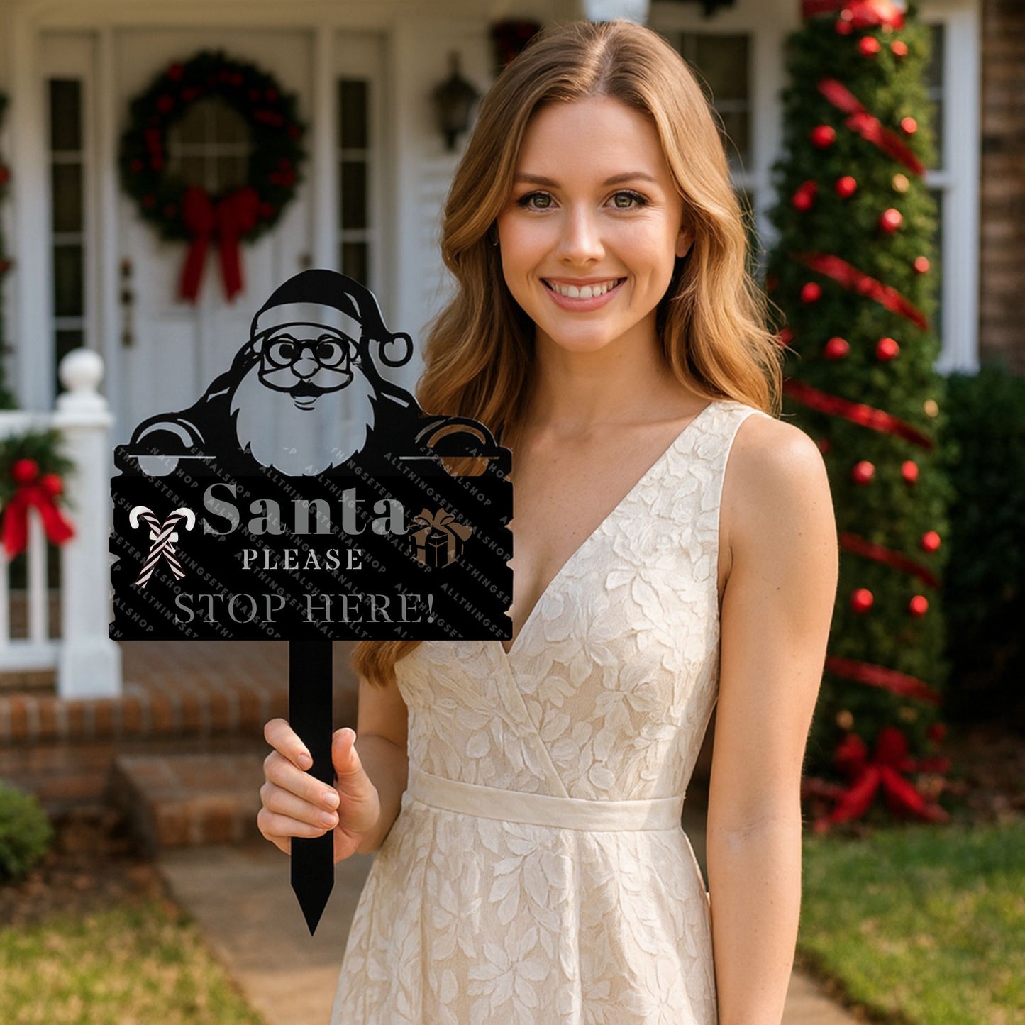 Santa Please Stop Here Metal Christmas Sign | Holiday Decor