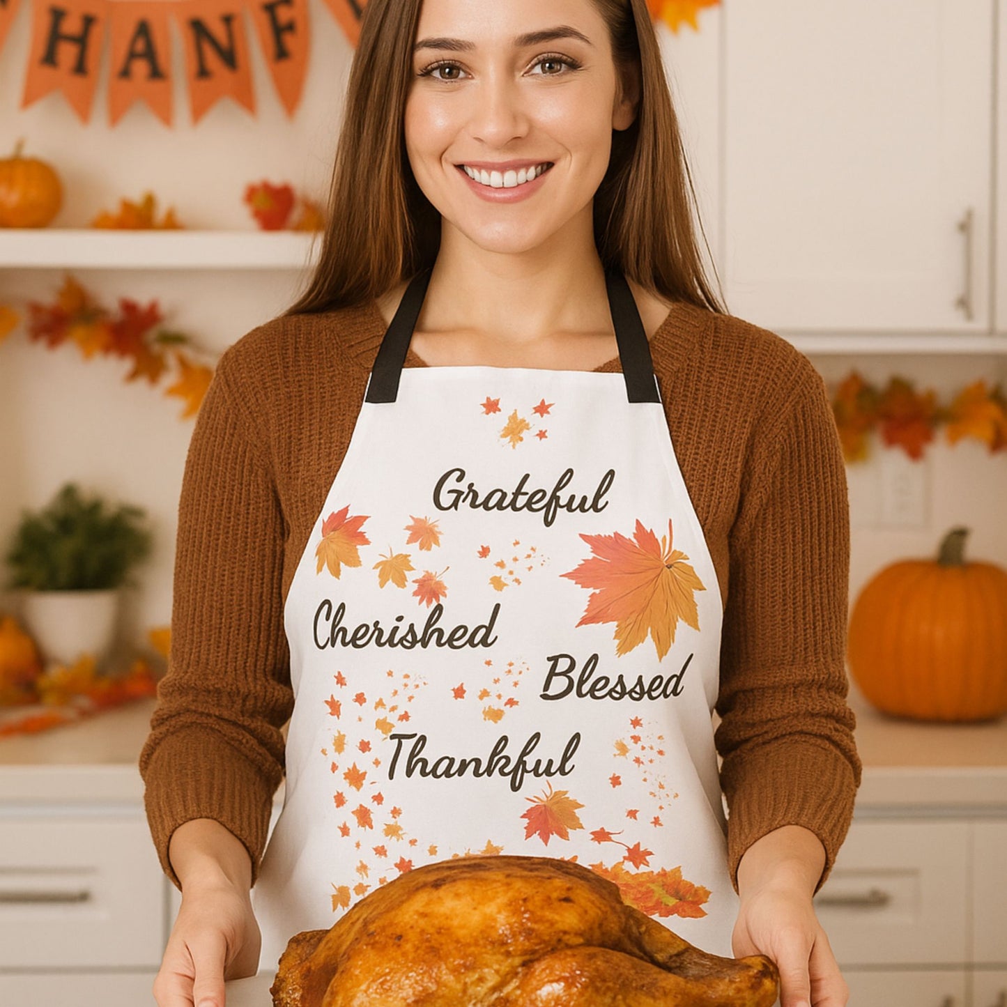 White Thankful Autumn Apron | Fall Cooking Apron | Thanksgiving Gift