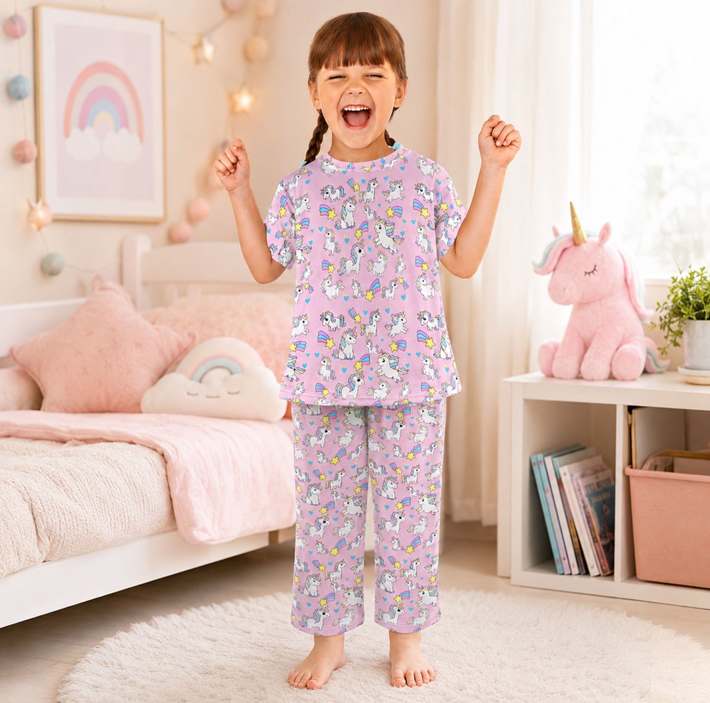 Cute Unicorn All-Over Print Girls Crew Neck Pajama Set