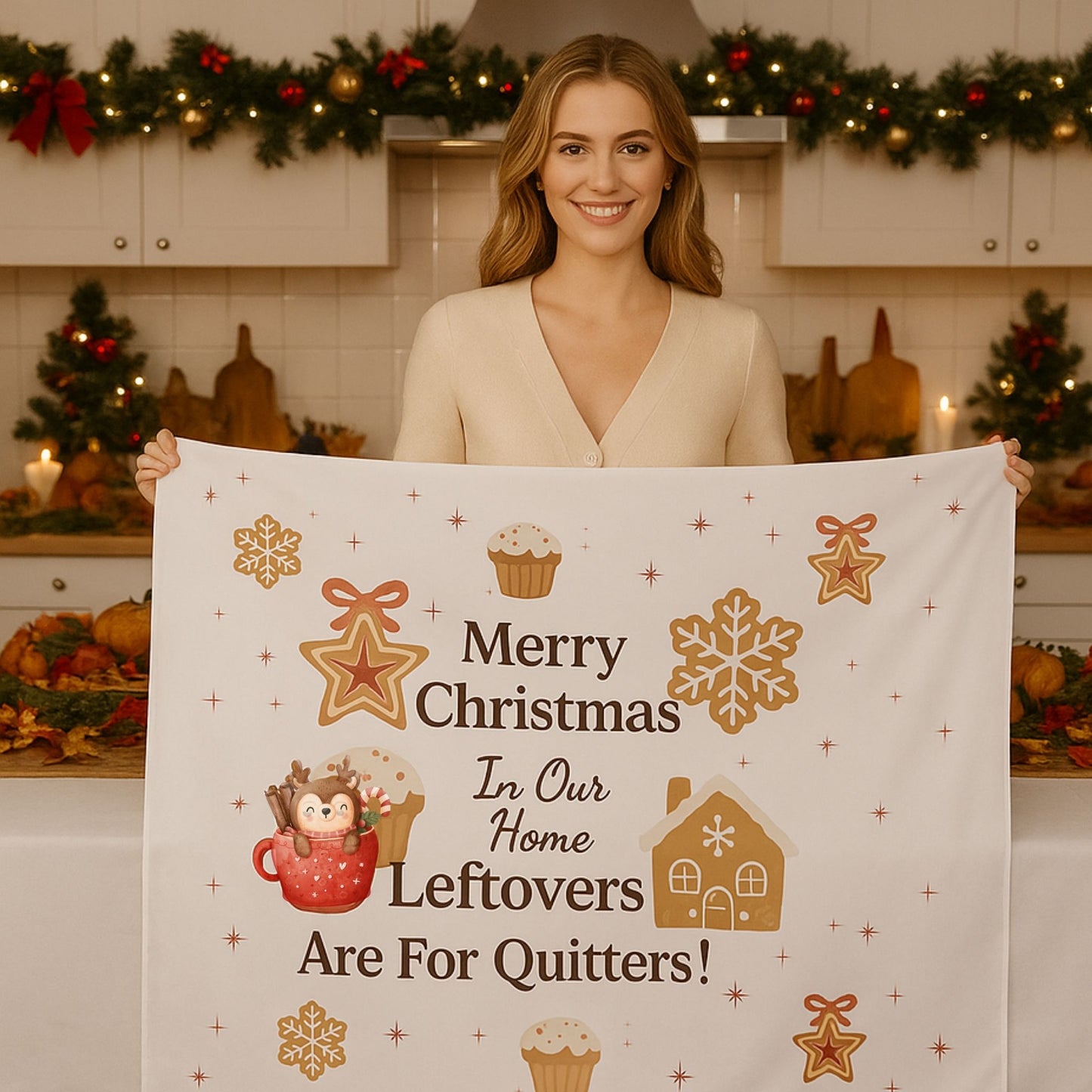 Leftovers Are for Quitters Funny Christmas Tablecloth for Family Dinners