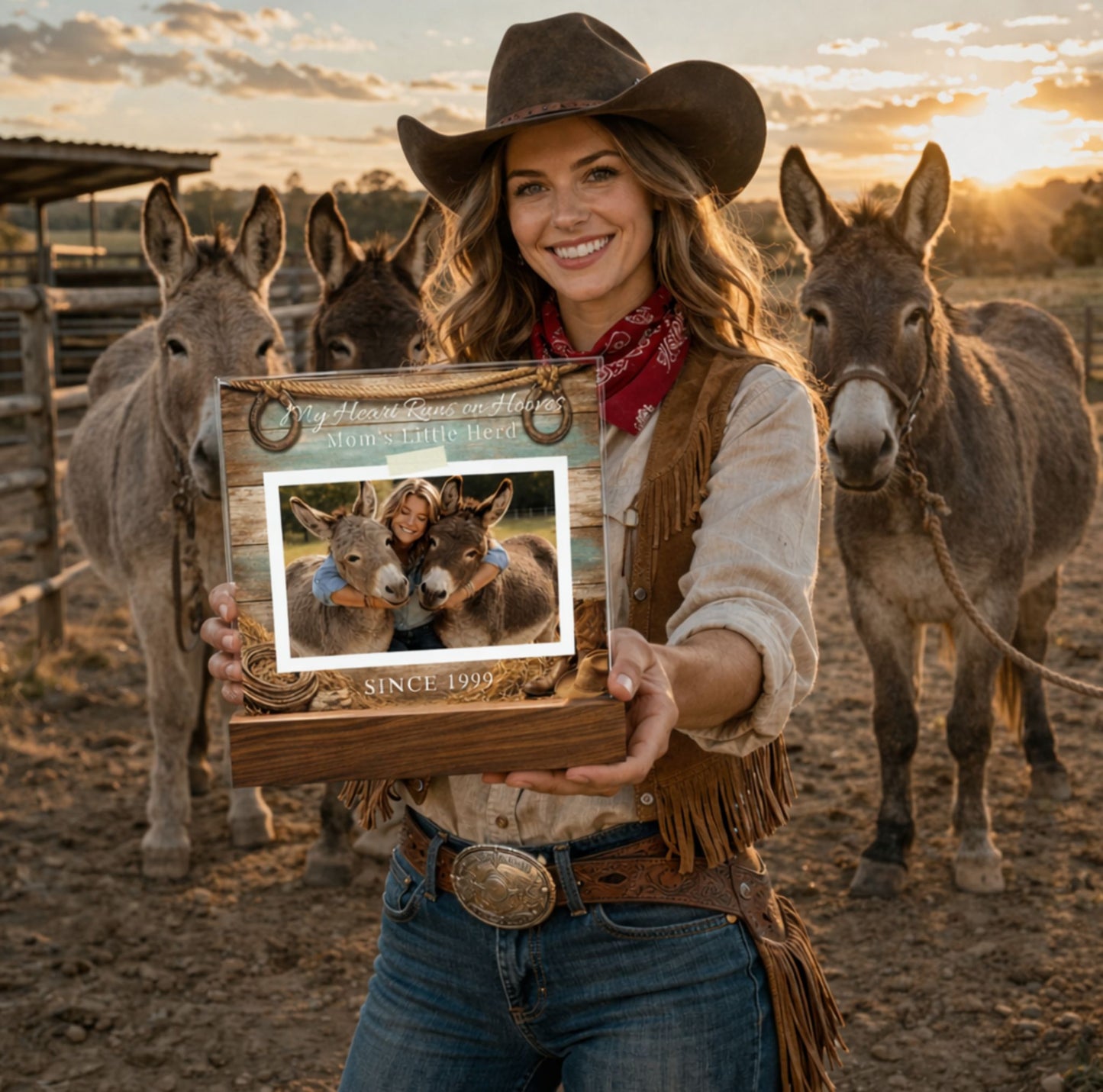 Personalized Donkey Mom Photo Square Acrylic Plaque – My Heart Runs on Hooves With Name & Date