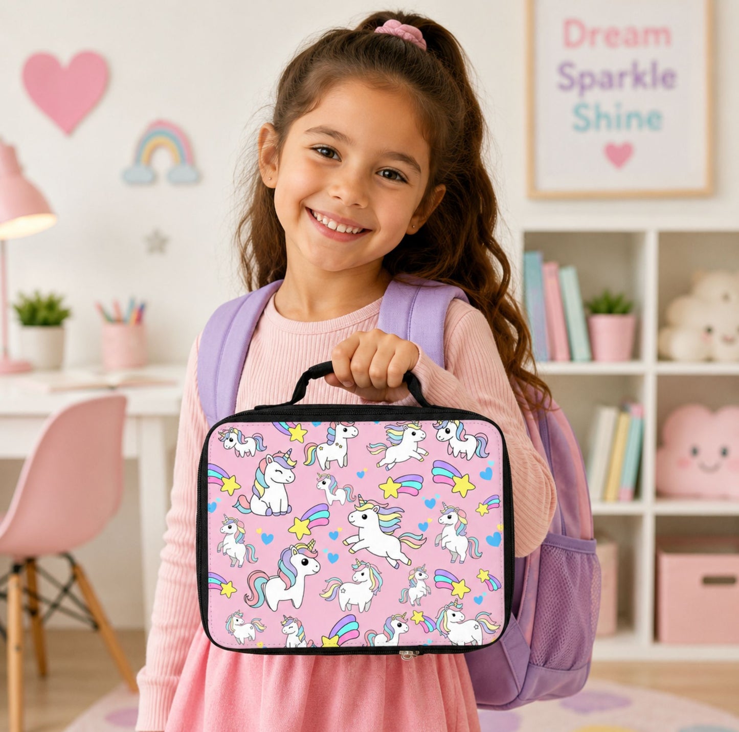 Stay Magical Unicorn Pattern Lunch Bag | Rainbow Stars Kids Lunch Tote