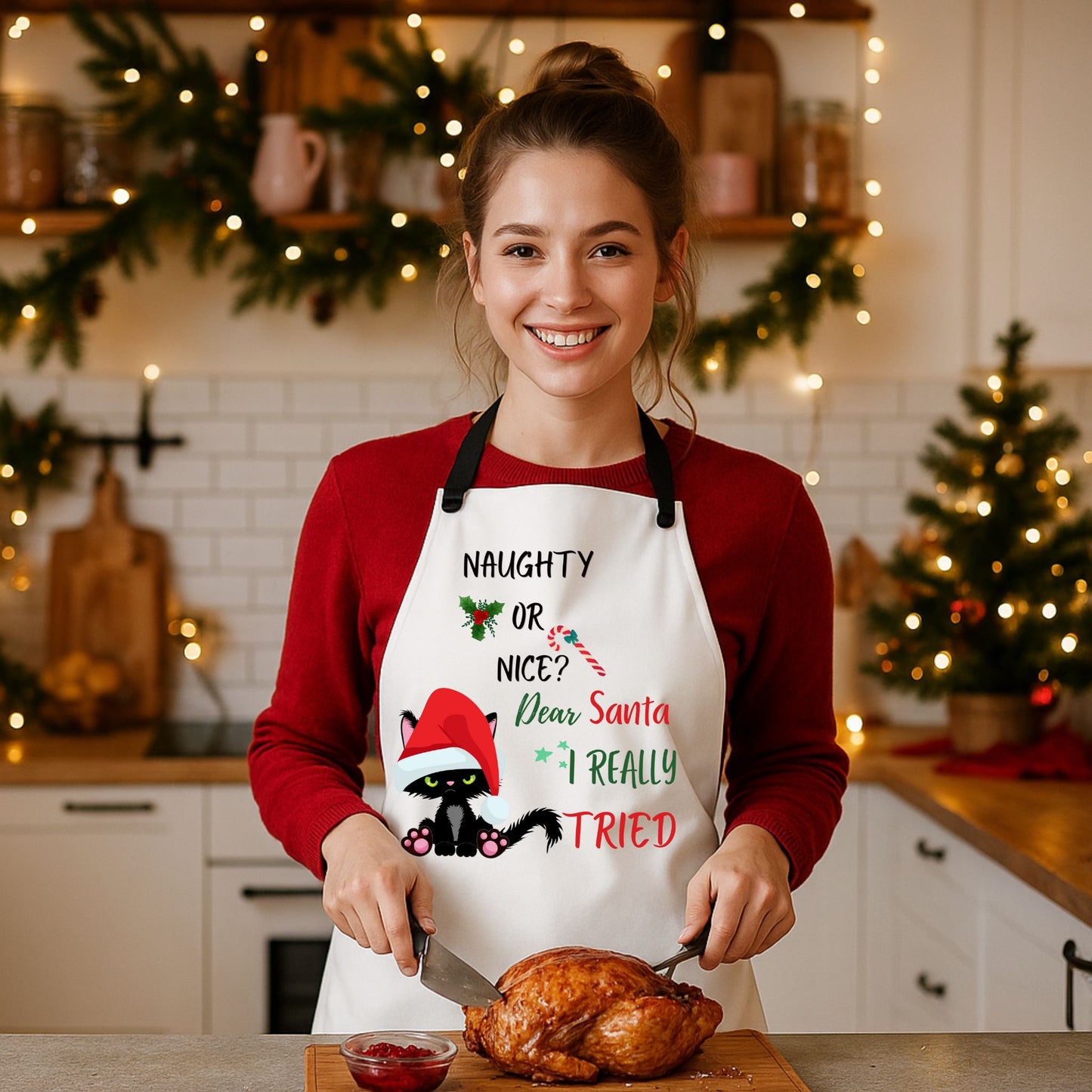 Naughty or Nice Cat Apron | Funny Christmas Kitchen Gift for Bakers