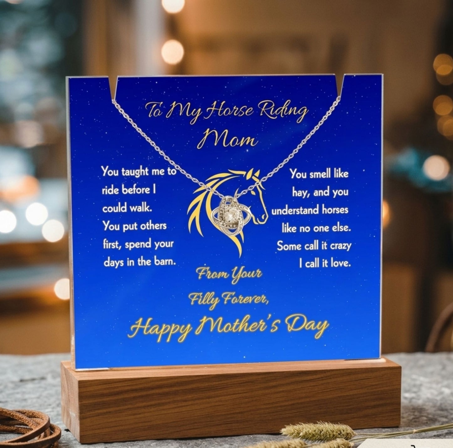 Horse Mom Love Knot Necklace with Message Plaque Mother's Day