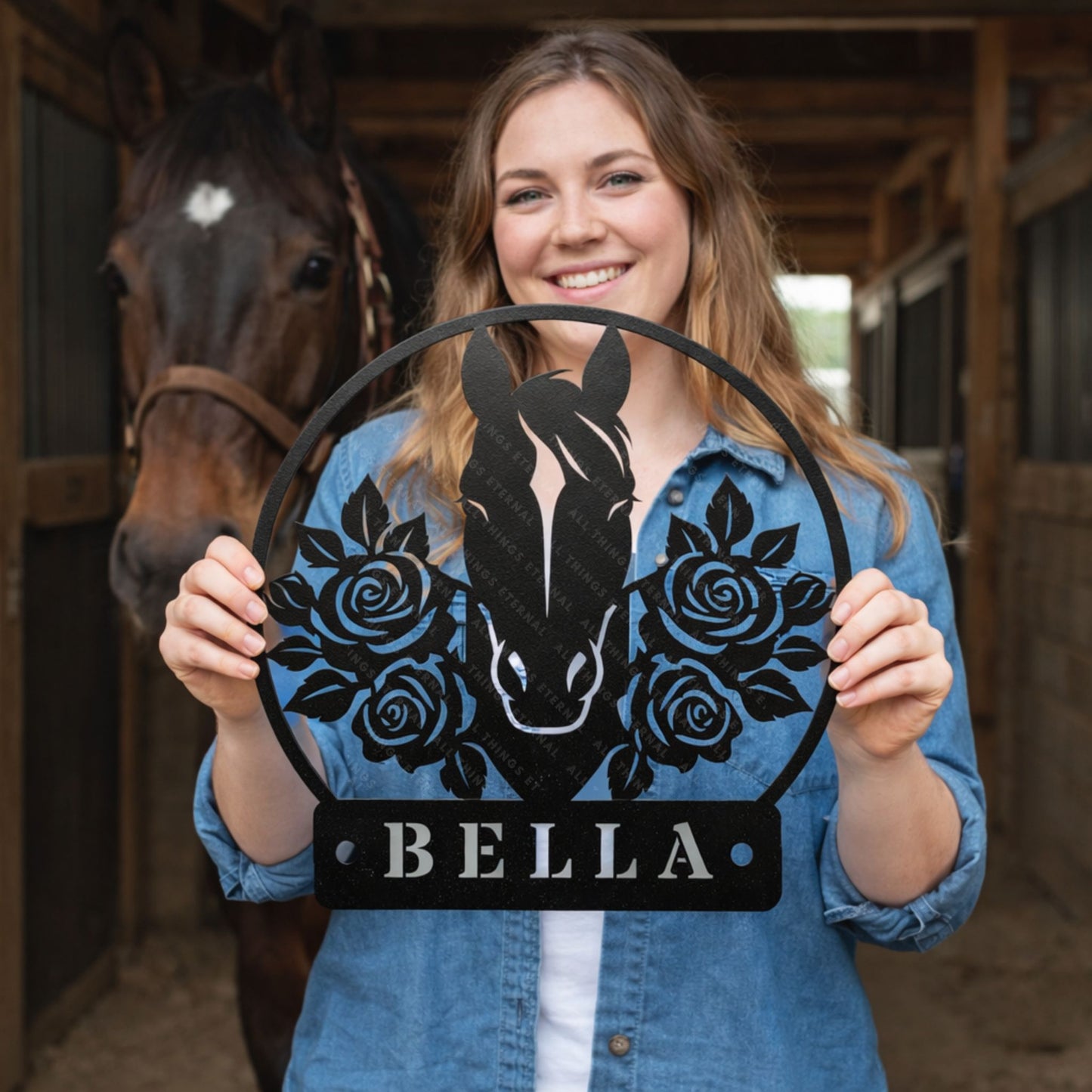 Personalized Horse Stall Name Metal Sign | Floral Horse Barn Wall Decor
