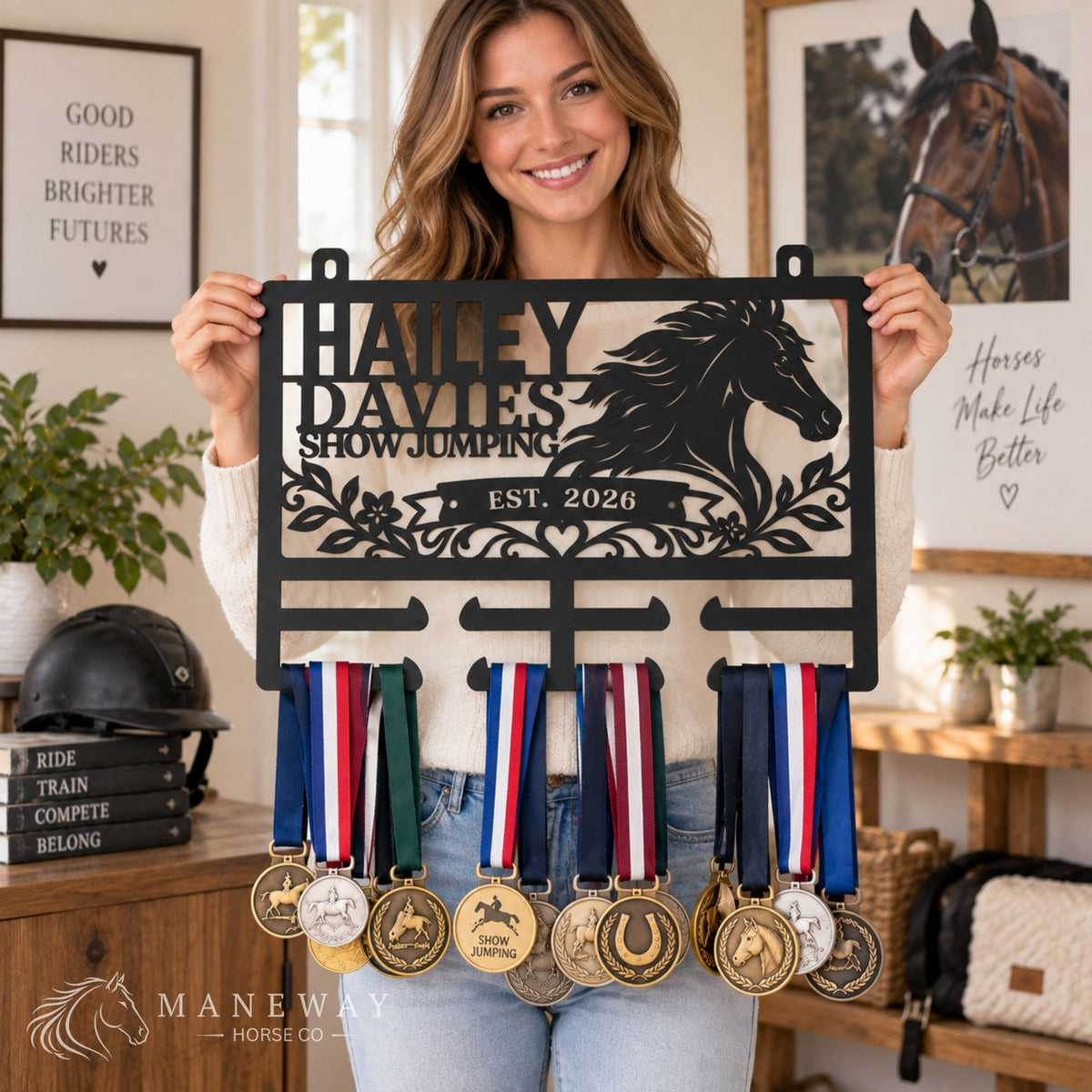 Personalized Equestrian Ribbon Holder Metal Sign, Horse Show Ribbon Display
