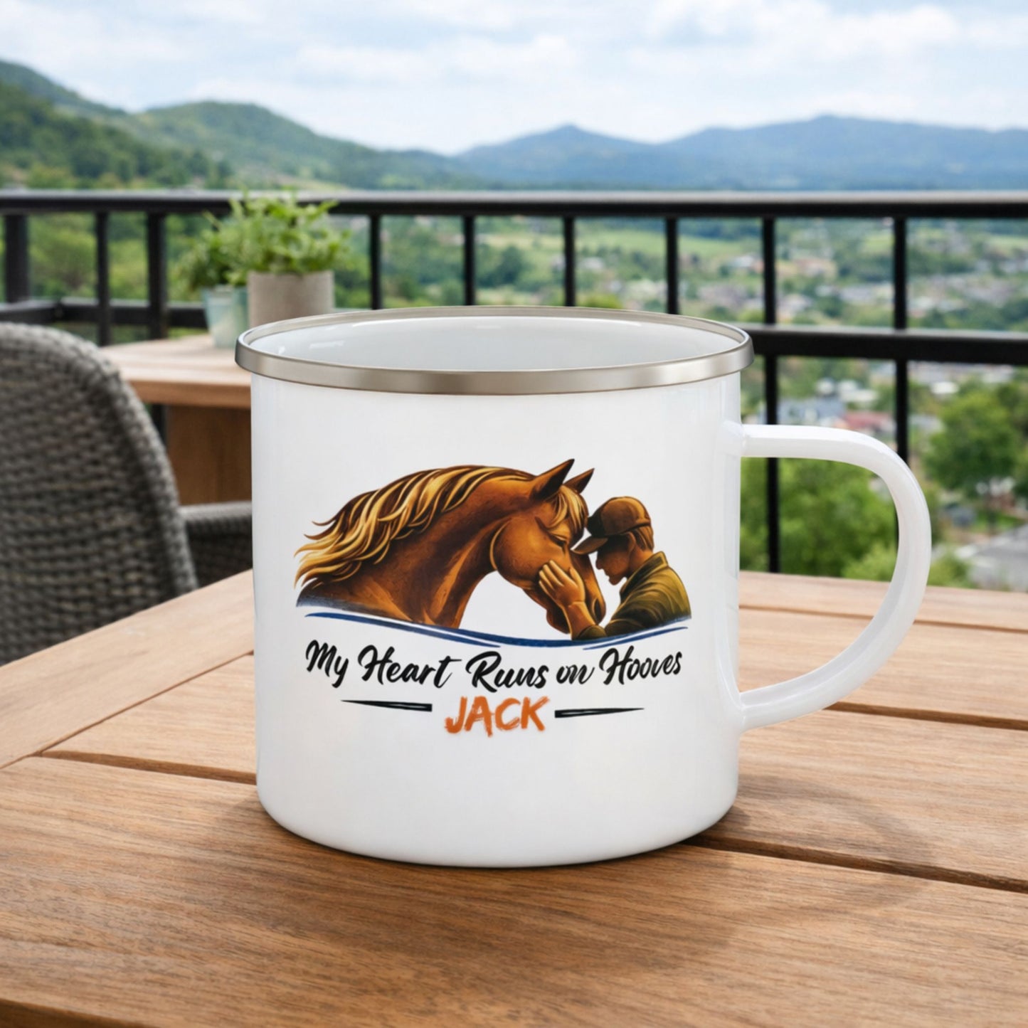 Enamel Camping Mug —My Heart Runs on Hooves Personalized Horse Lover Gift