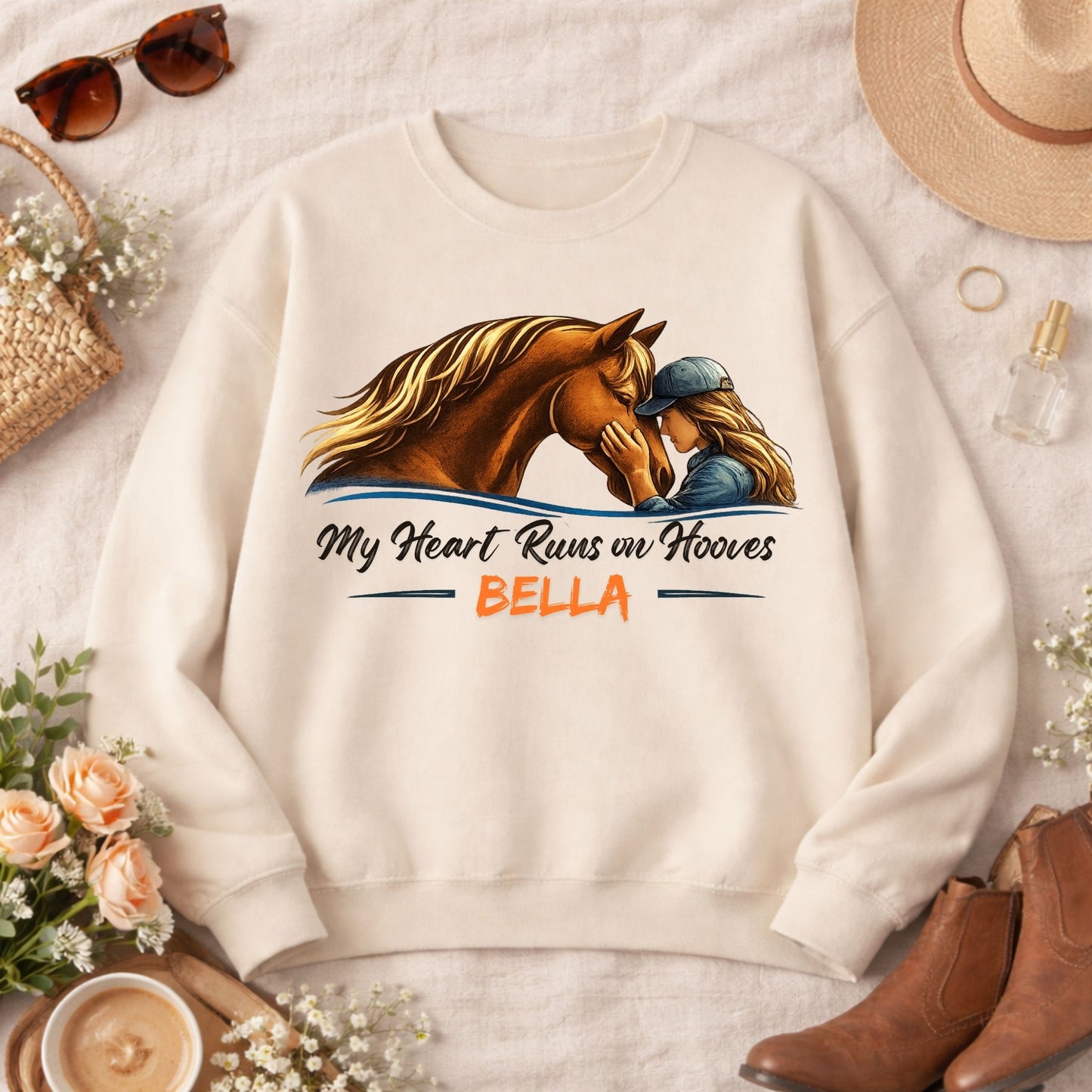 Custom Name My Heart Runs on Hooves Sweatshirt Horse Lovers Gift for Women