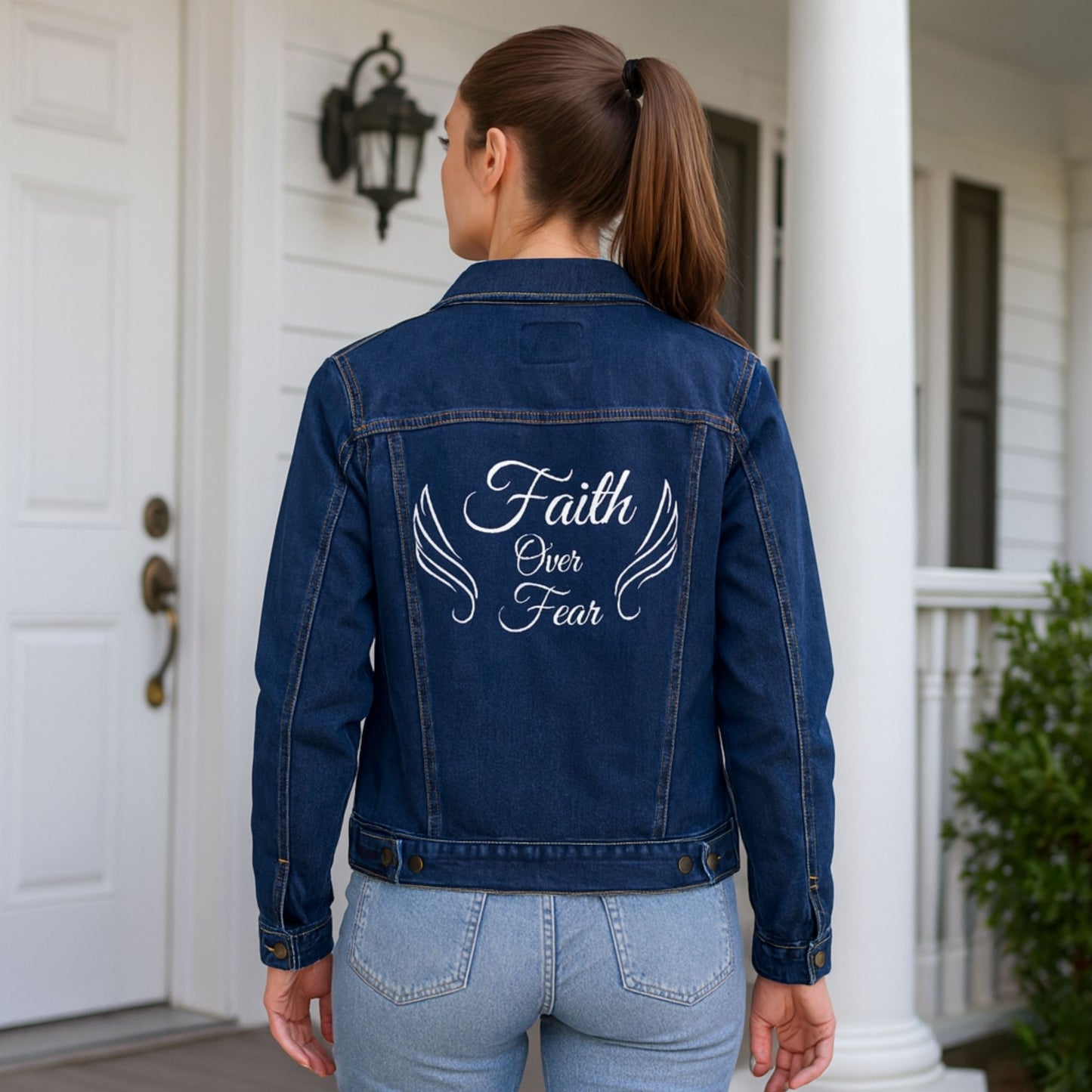 Embroidered Faith Over Fear Women's Denim Jacket