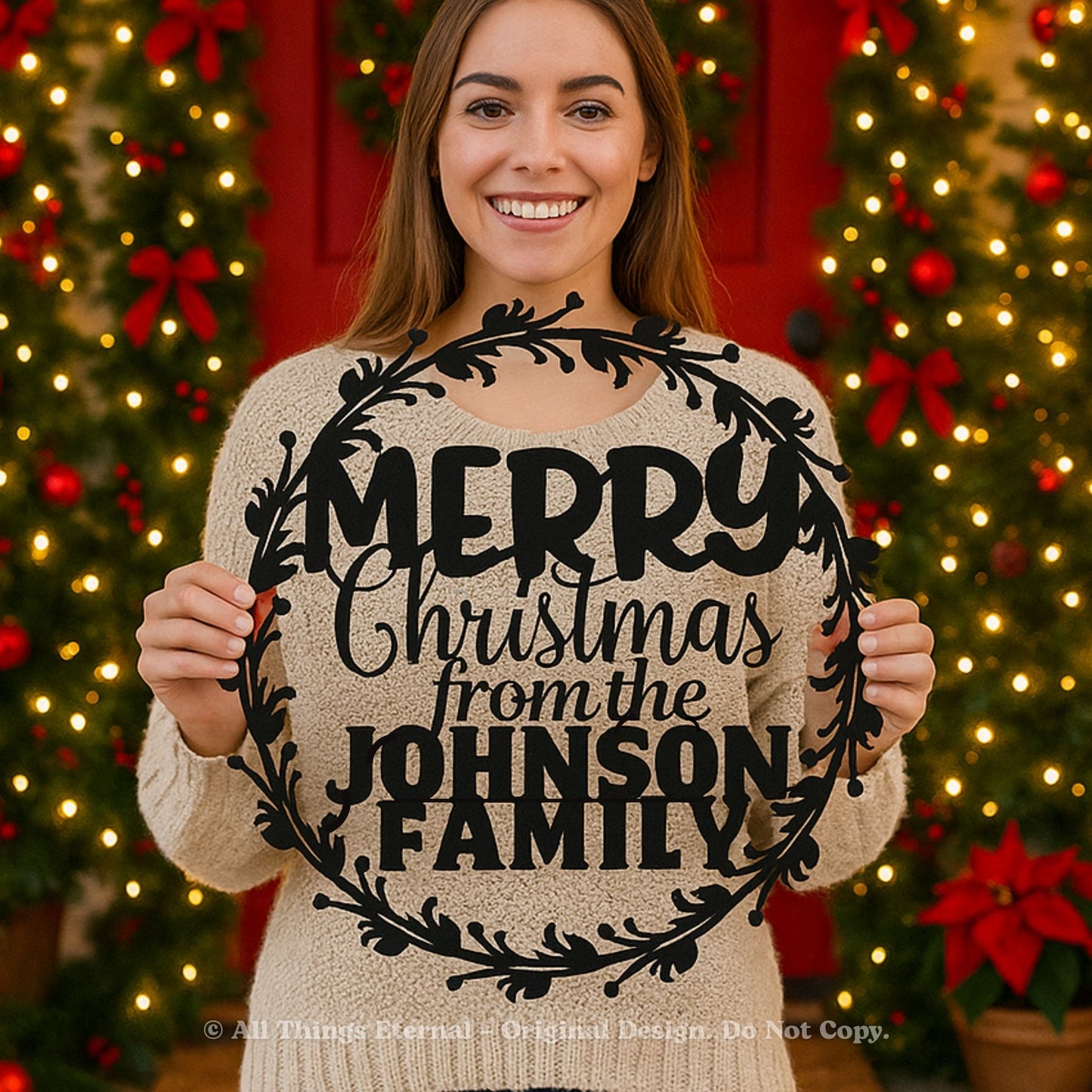 Personalized  Round  Wreath Merry Christmas Metal Sign