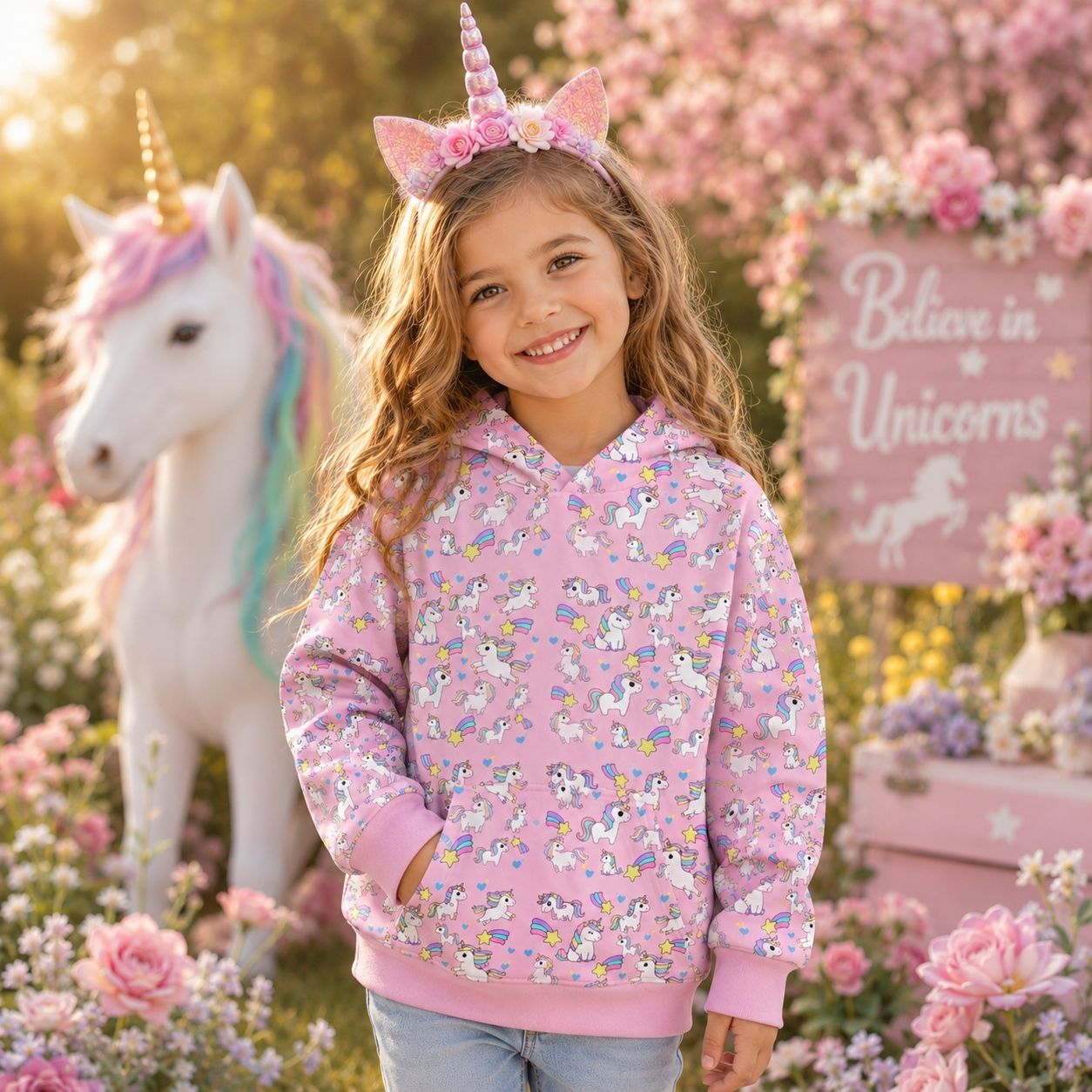 Kids' Unicorn Hoodie — Pink All-Over Print Magical Pony Pullover
