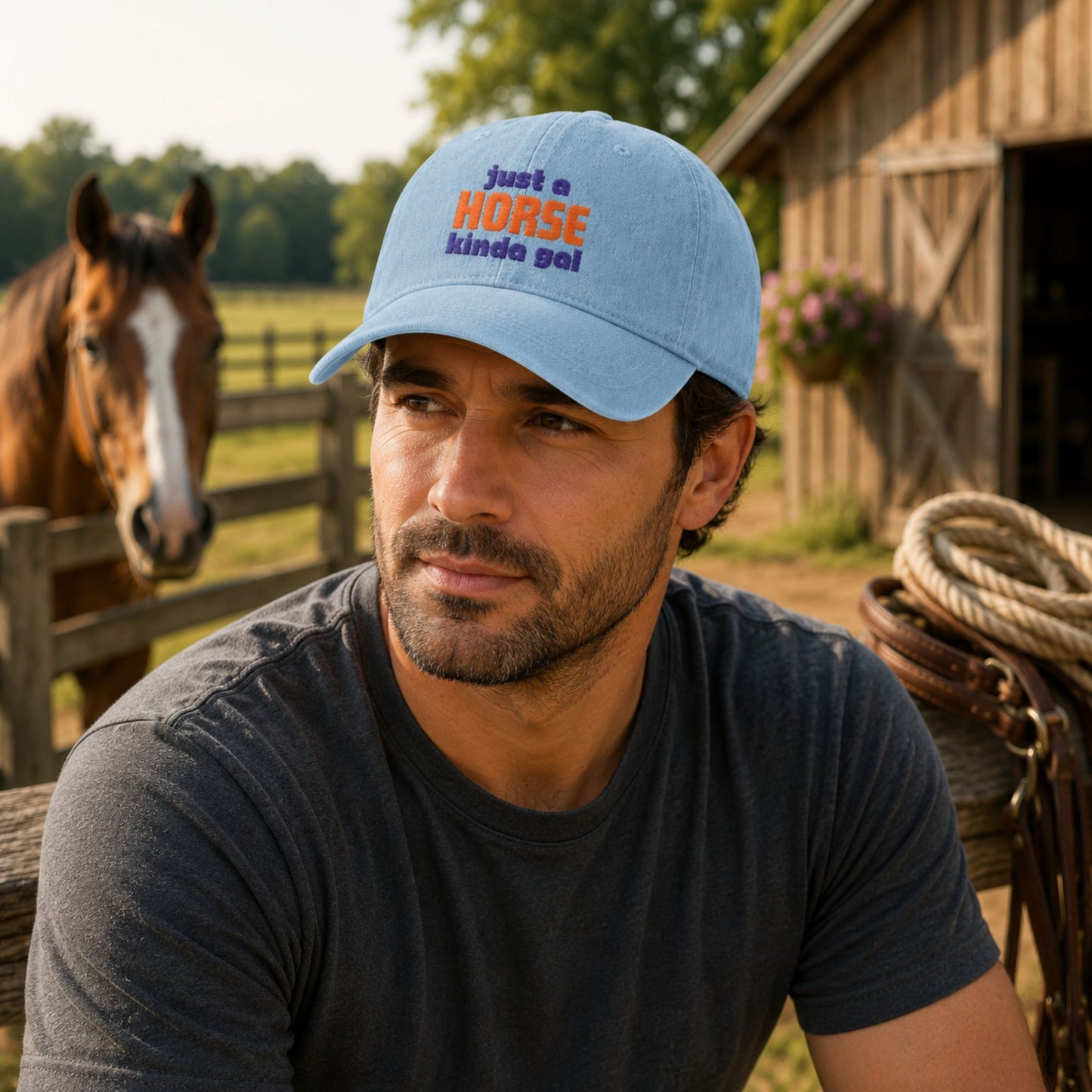Embroidered Just a Horse Kinda Gal Denim Hat –  Equestrian Cap for Men and Women