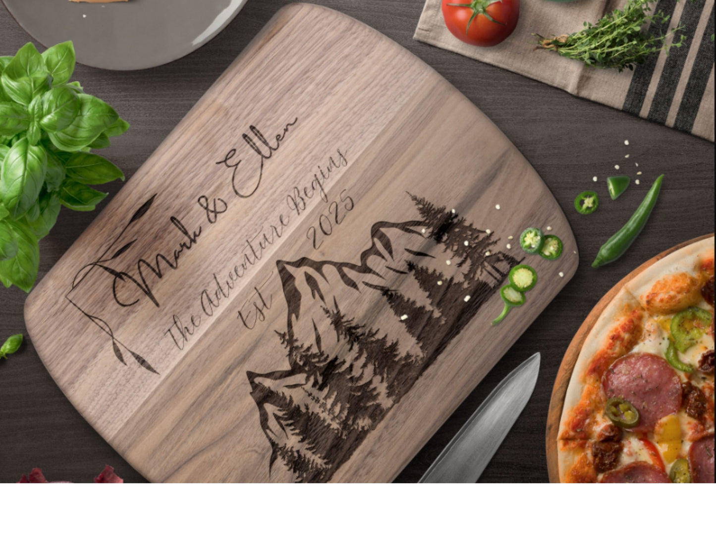 Personalized Camping Couple Cutting Board -Custom Name & Date – Outdoor Adventure Kitchen Decor