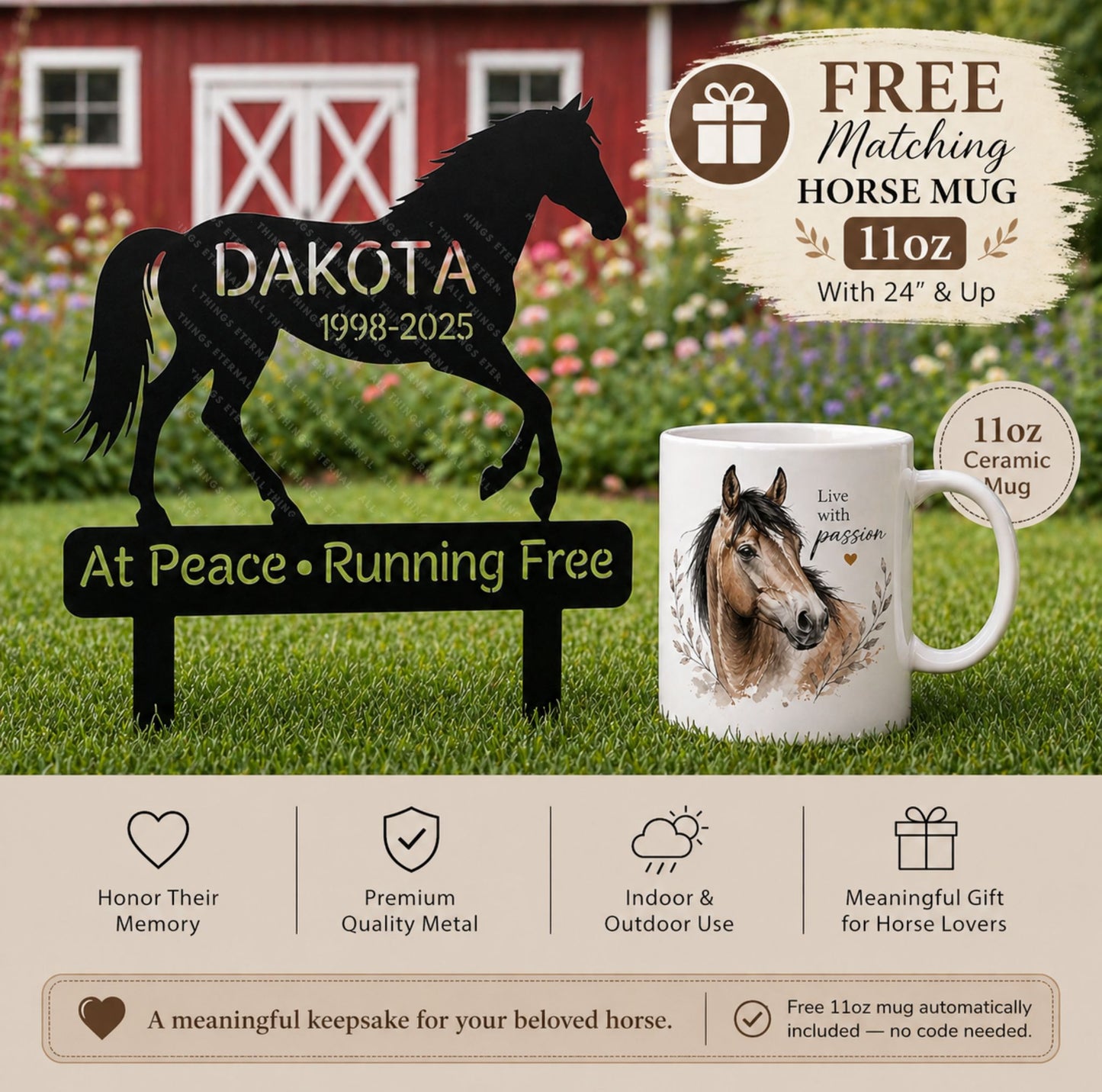 Personalized Horse Memorial Sign + FREE Mug – At Peace Running Free