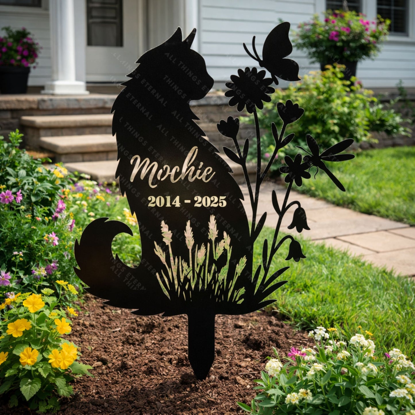 Personalized Cat Memorial Stake | Floral Metal Pet Grave Marker