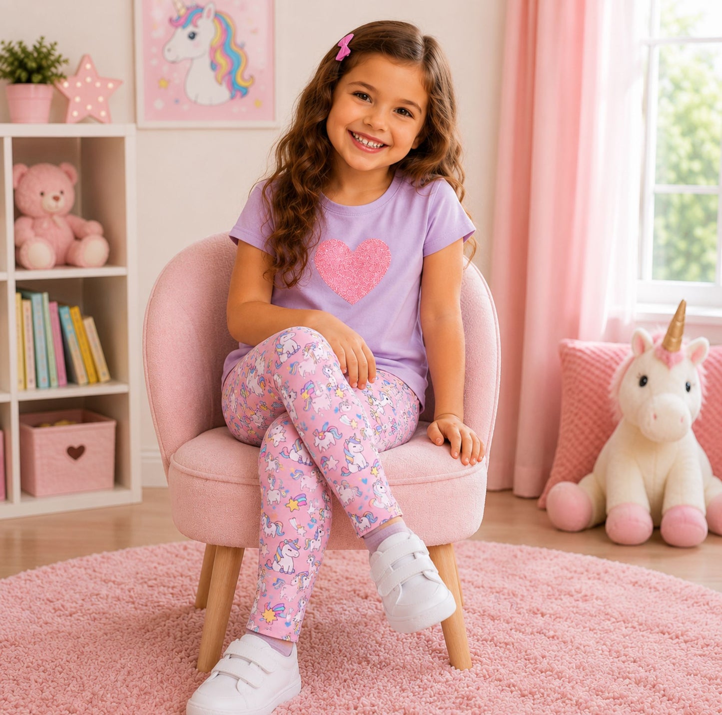 Pink Unicorn Kids Leggings — Cute Rainbow Stars All-Over Print