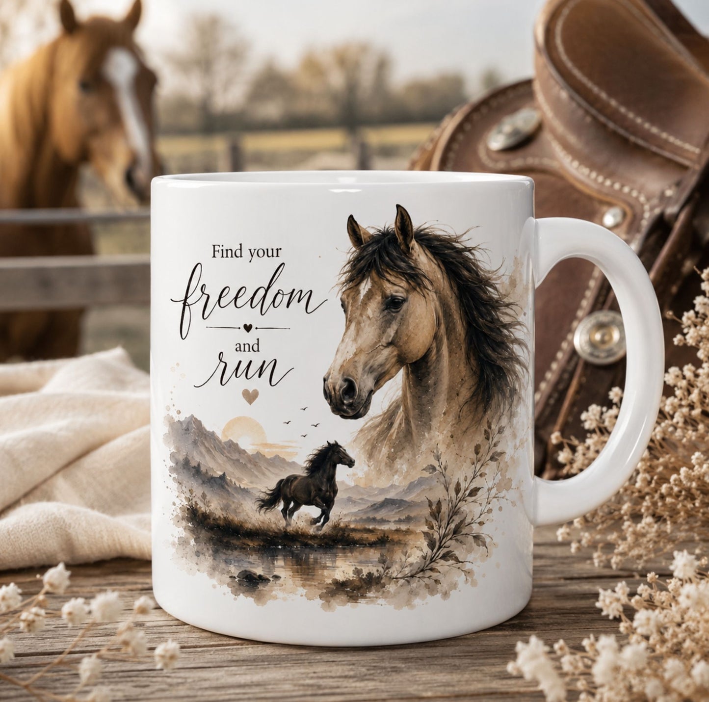 Find Your Freedom and Run Horse Mug – Equestrian Coffee Cup Gift