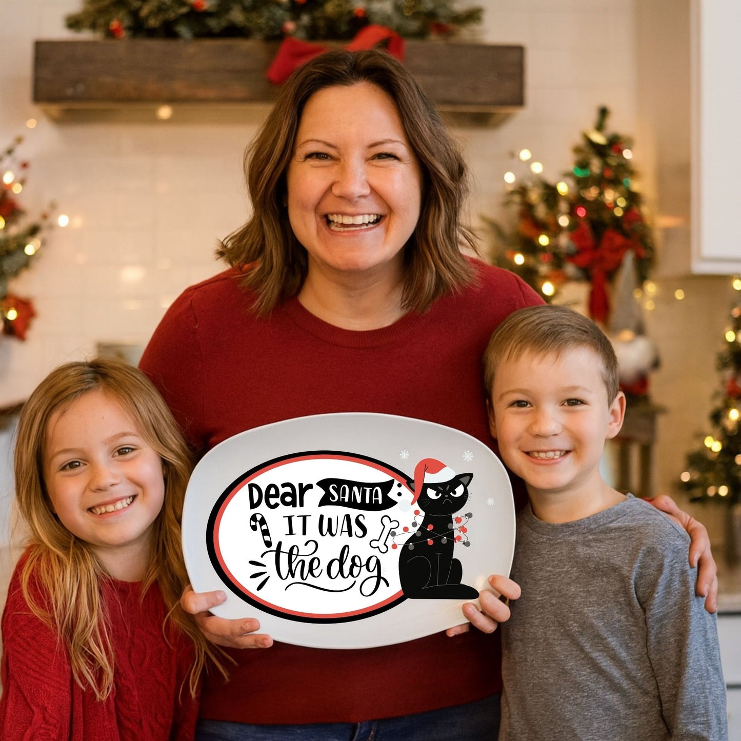Funny Cat “Dear Santa It Was the Dog” Serving Tray – Holiday Platter