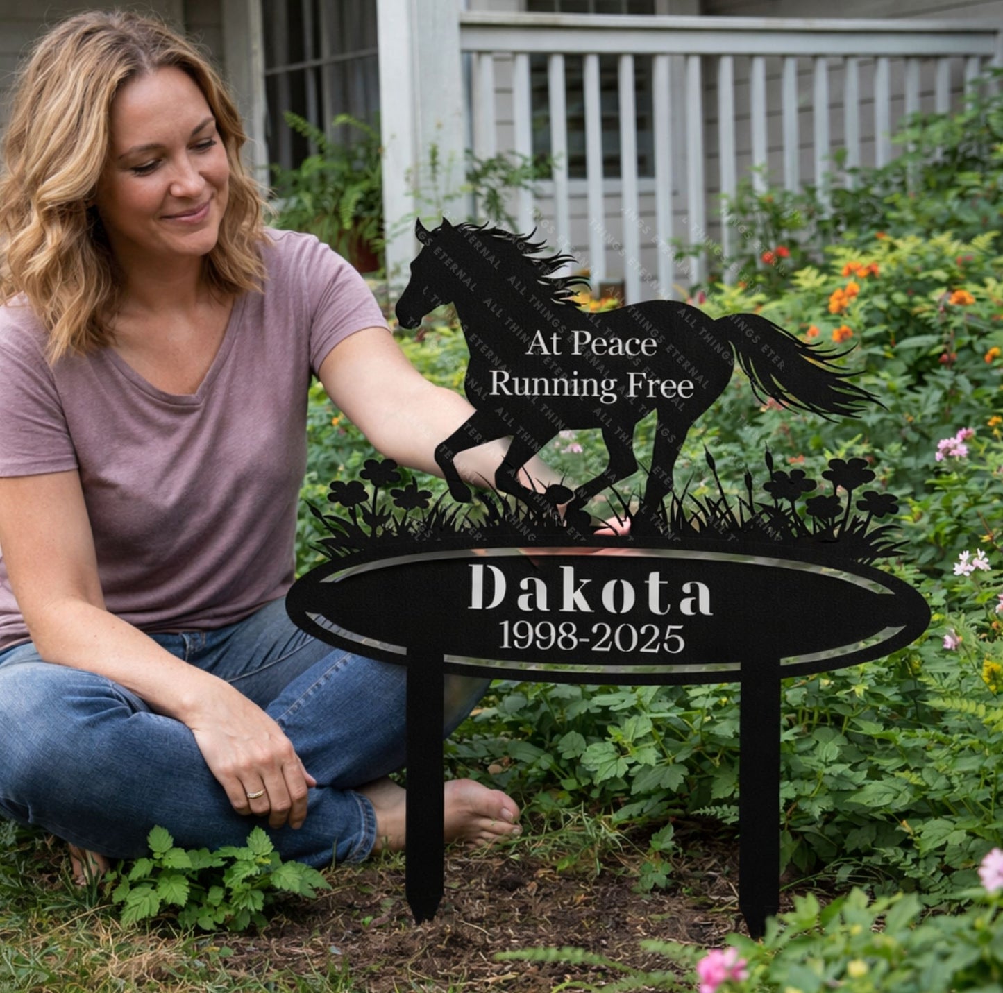 Horse Memorial Metal Garden Stake – Custom Running Horse Tribute Sign with Name & Dates