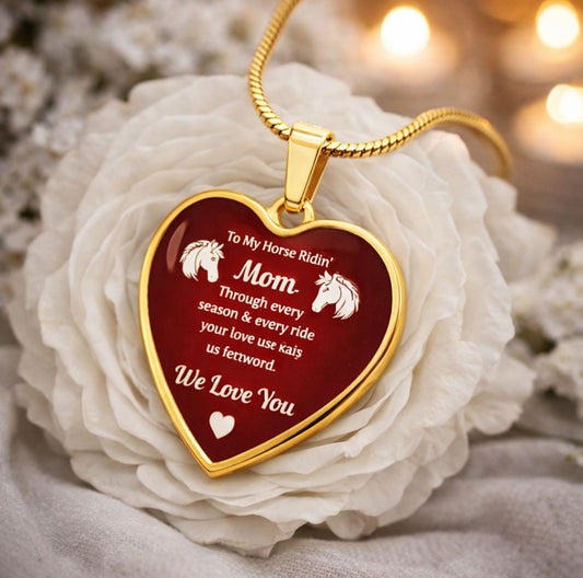 To My Horse Riding Mom Heart Necklace – Engraved Gift for Horse Lover Mom Mother’s Day