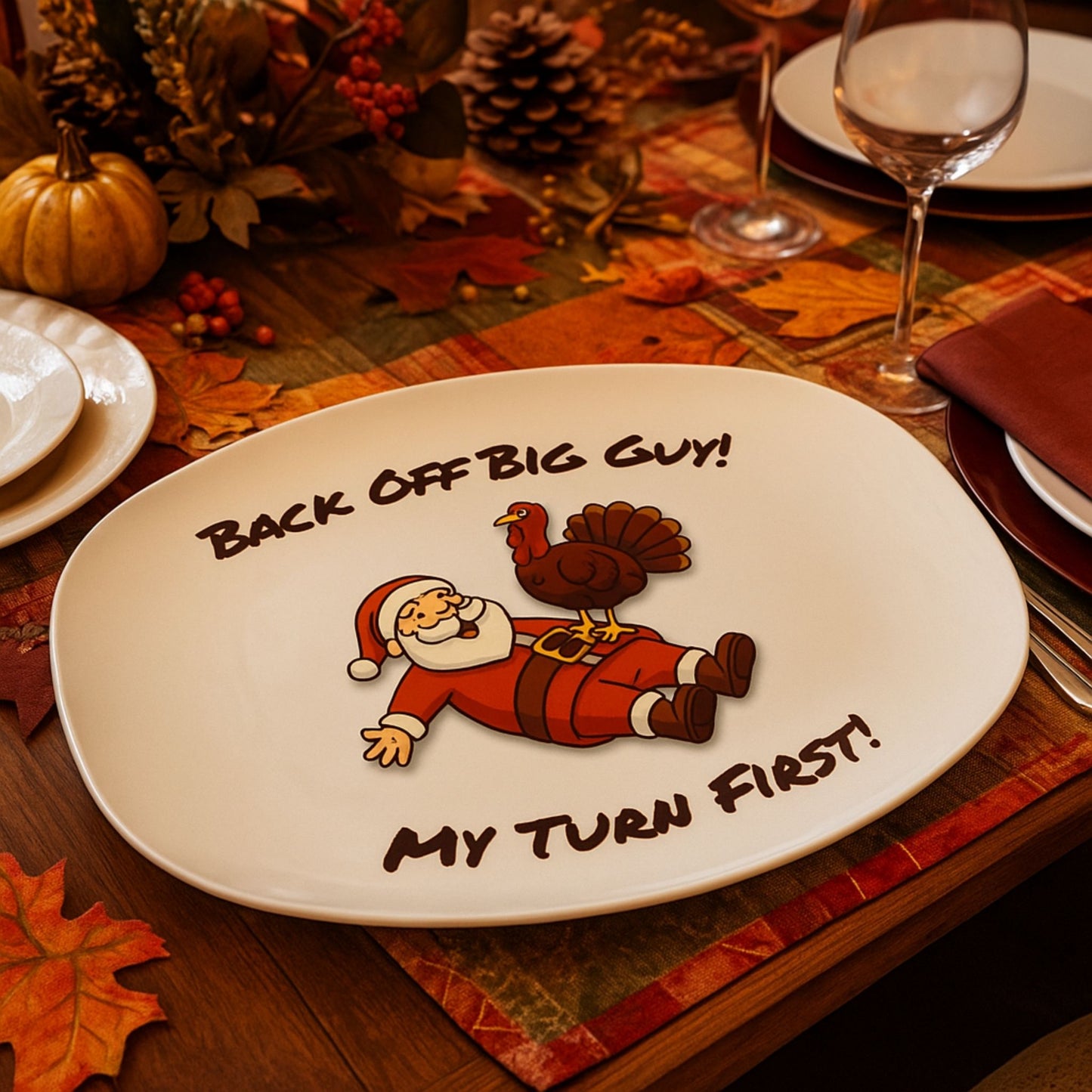 Funny Thanksgiving Platter – Back Off Big Guy! Turkey Serving Dish