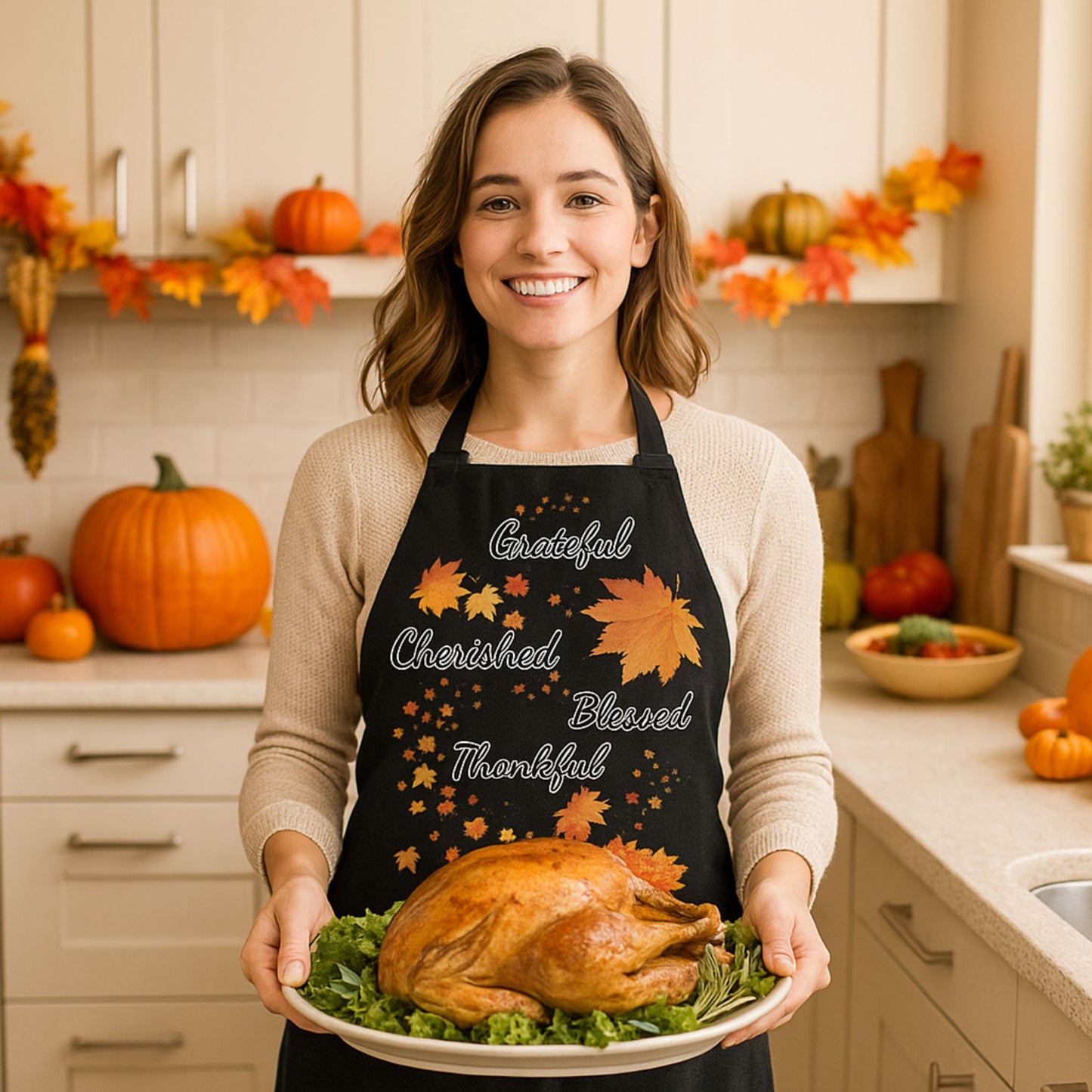 Black Grateful Thankful Blessed Apron | Fall Kitchen Gift | Thanksgiving