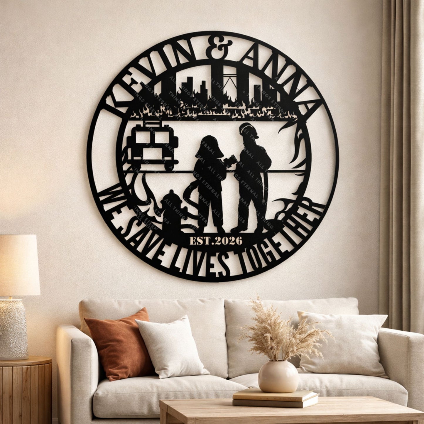 Personalized Firefighter Couple Metal Sign – Custom Name Wall Art