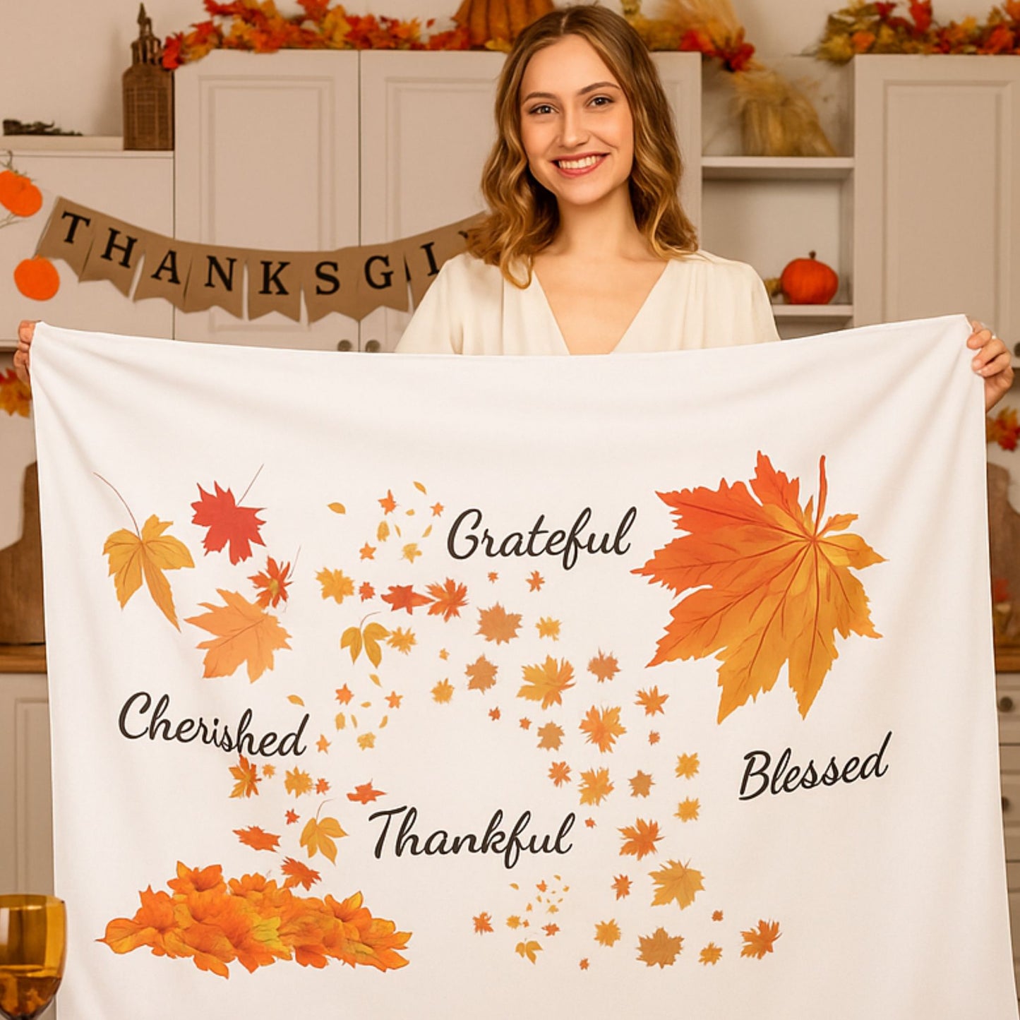 Fall Leaves Tablecloth – Grateful, Blessed, Thankful Thanksgiving Decor