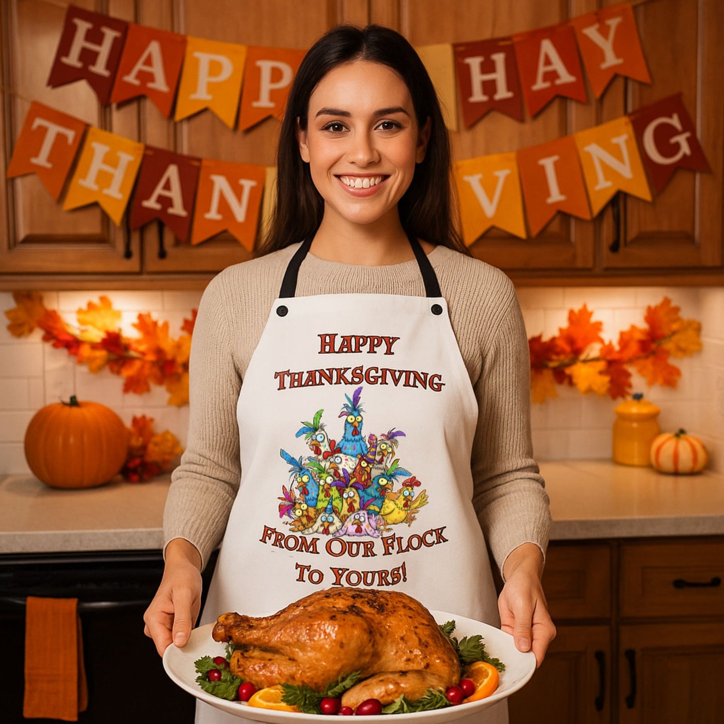Funny Happy Thanksgiving From Our Flock To Yours! Apron - Thanksgiving Kitchen Gift