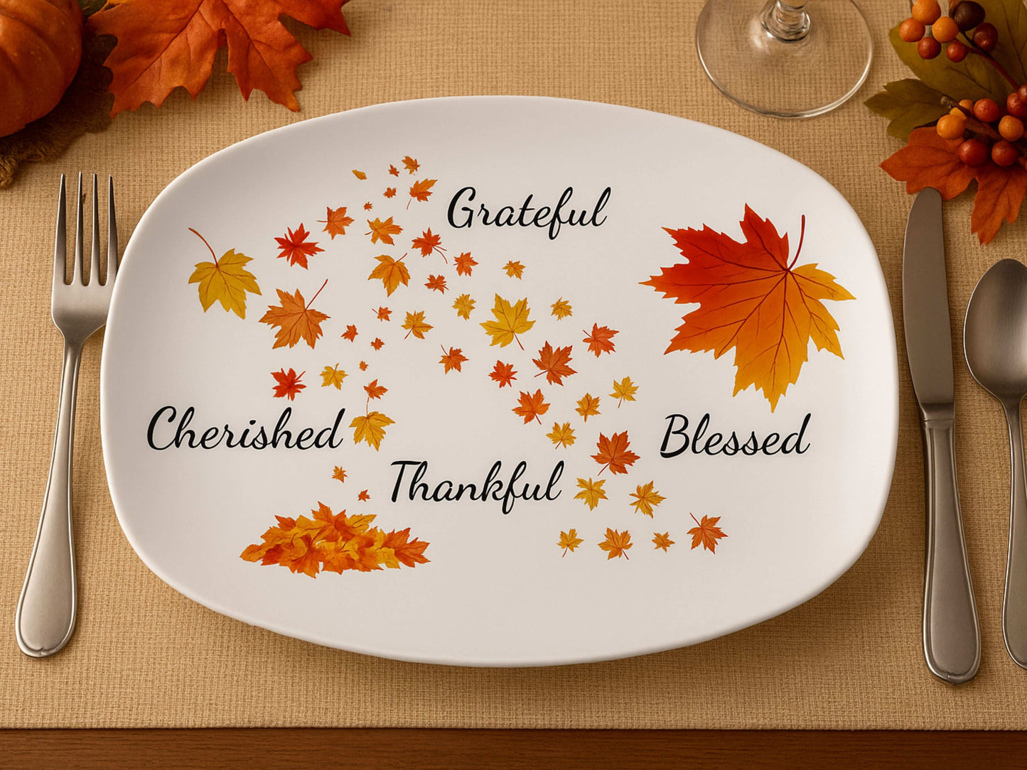 Thanksgiving Serving Platter 10x14 – Autumn Leaves Grateful Blessed Thankful