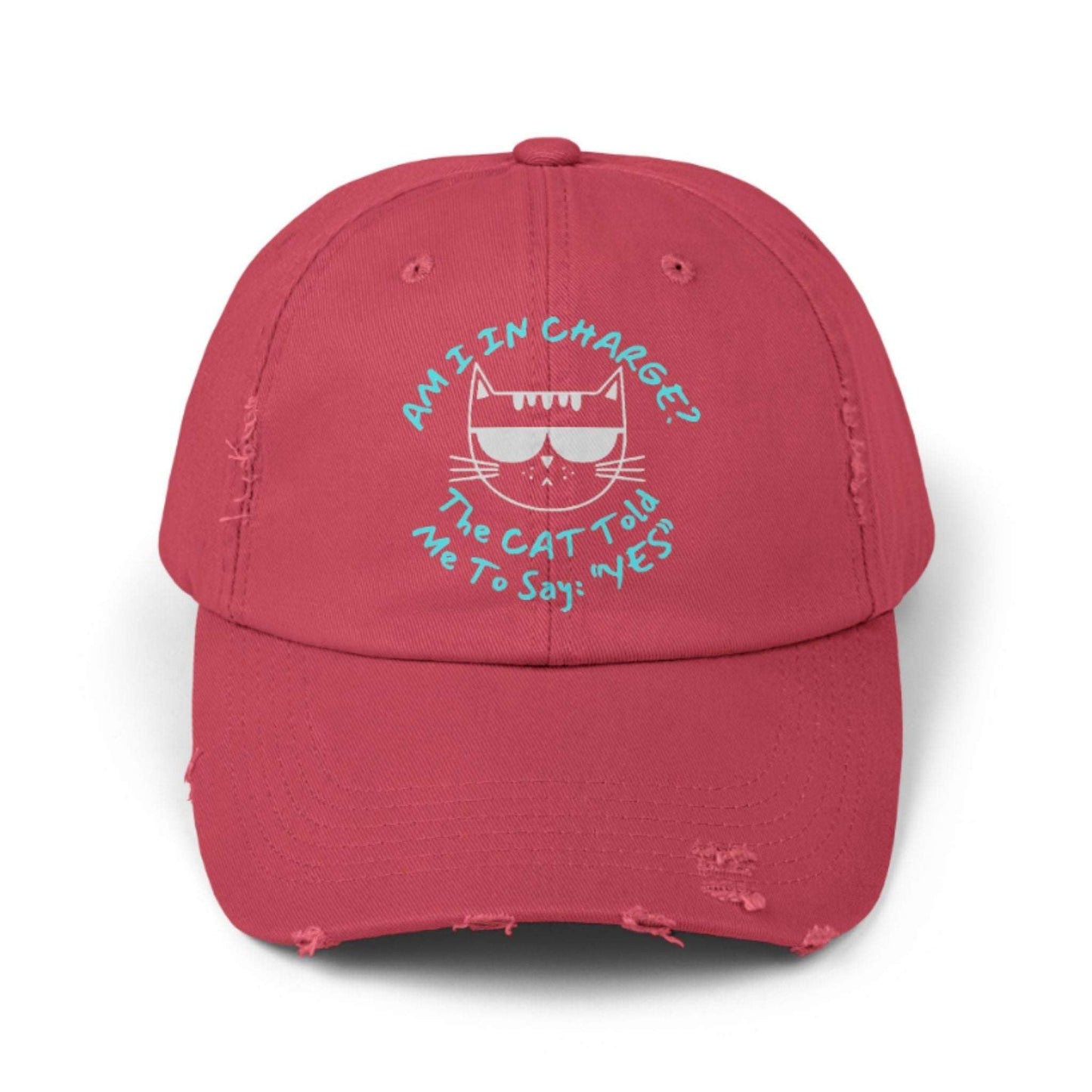 Funny Cat Hat – Distressed Black Baseball Cap, “Am I In Charge?” Cat Lover Gift