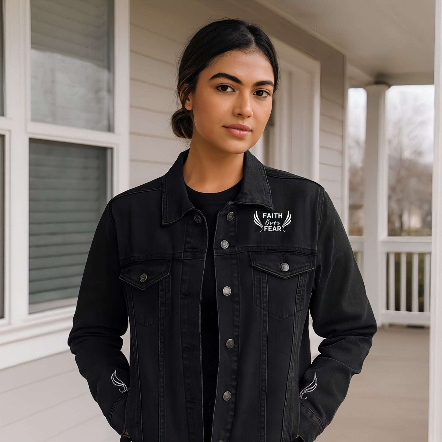 Unisex Faith Over Fear Denim Embroidered Jacket