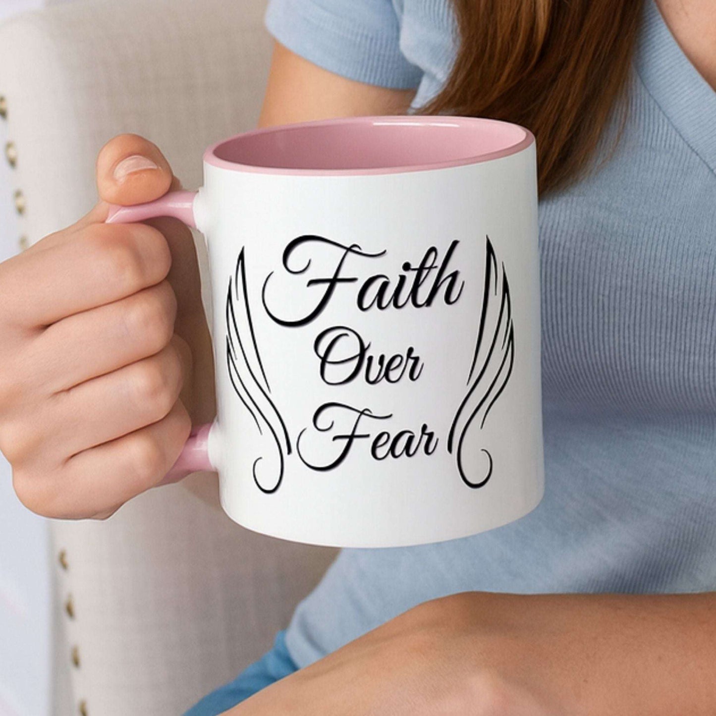 Faith Over Fear Two-Tone Coffee Mug – Wings Design, Christian Inspirational Gift