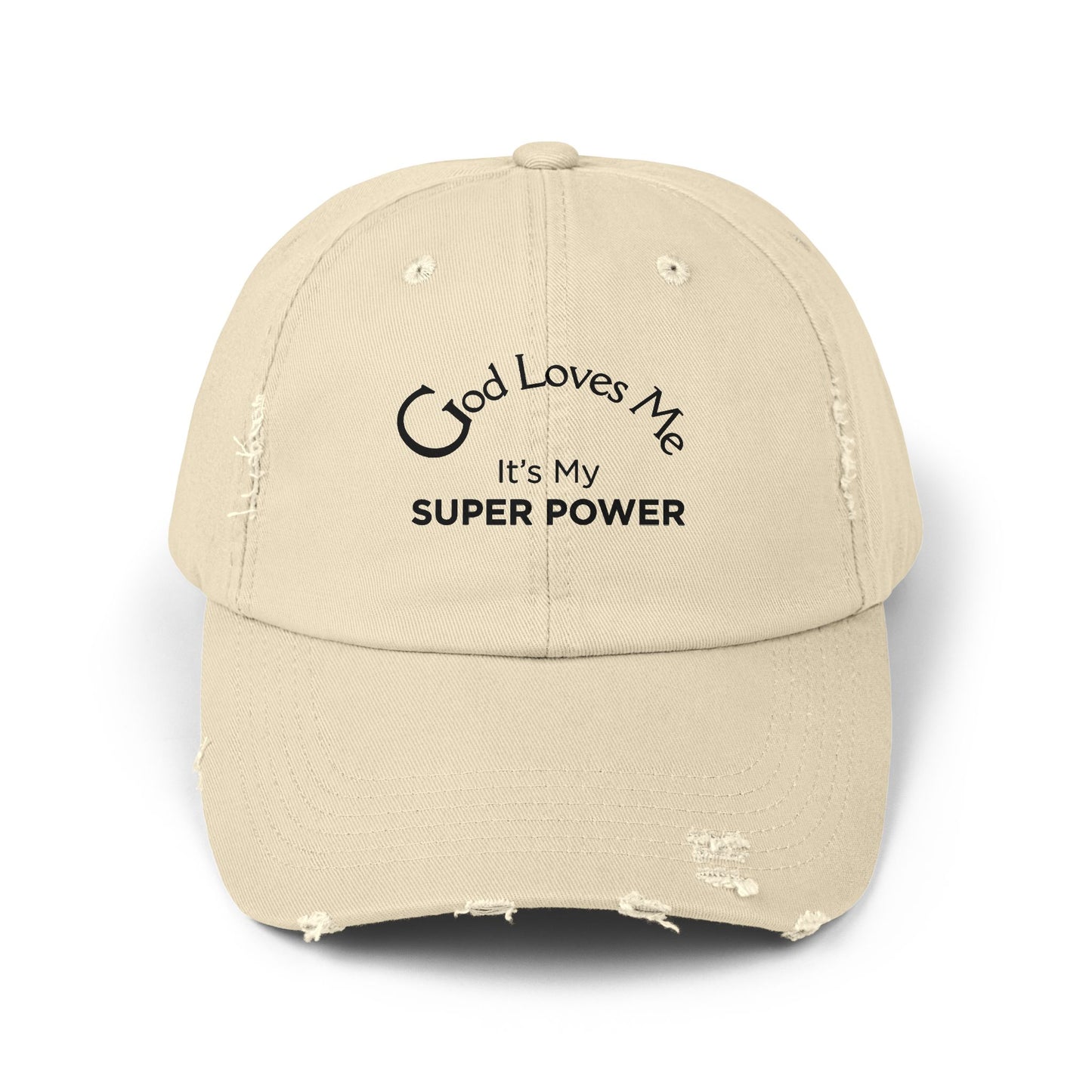 God Loves Me Super Power Cap – Distressed Christian Baseball Hat