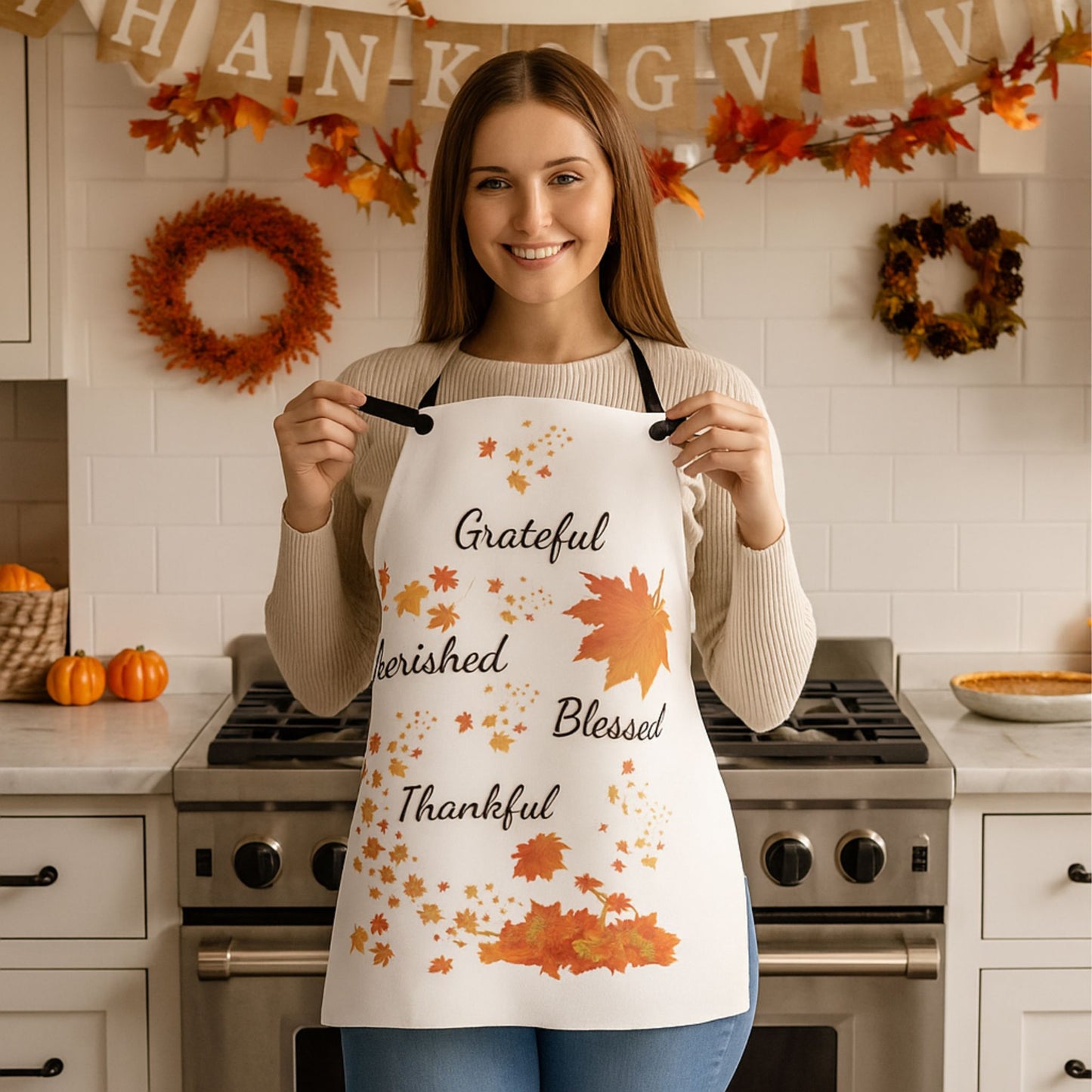 White Thankful Autumn Apron | Fall Cooking Apron | Thanksgiving Gift