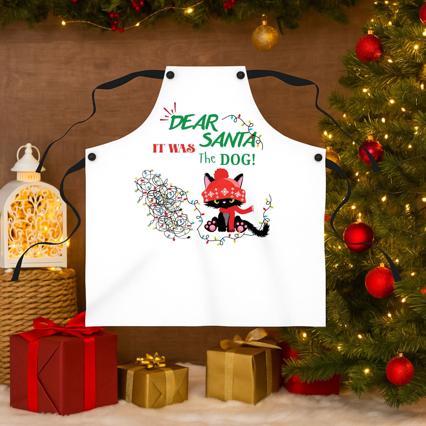 Funny Cat Lover Apron – “It Was the Dog” Christmas Cooking Gift