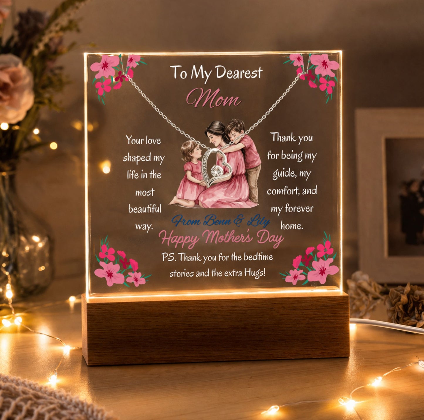 Personalized To My Dearest Mom  Forever Love Necklace Acrylic Plaque Mother's Day Gift
