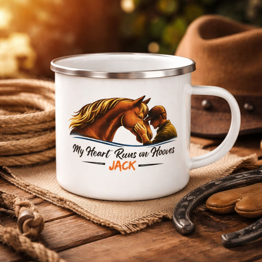Enamel Camping Mug —My Heart Runs on Hooves Personalized Horse Lover Gift