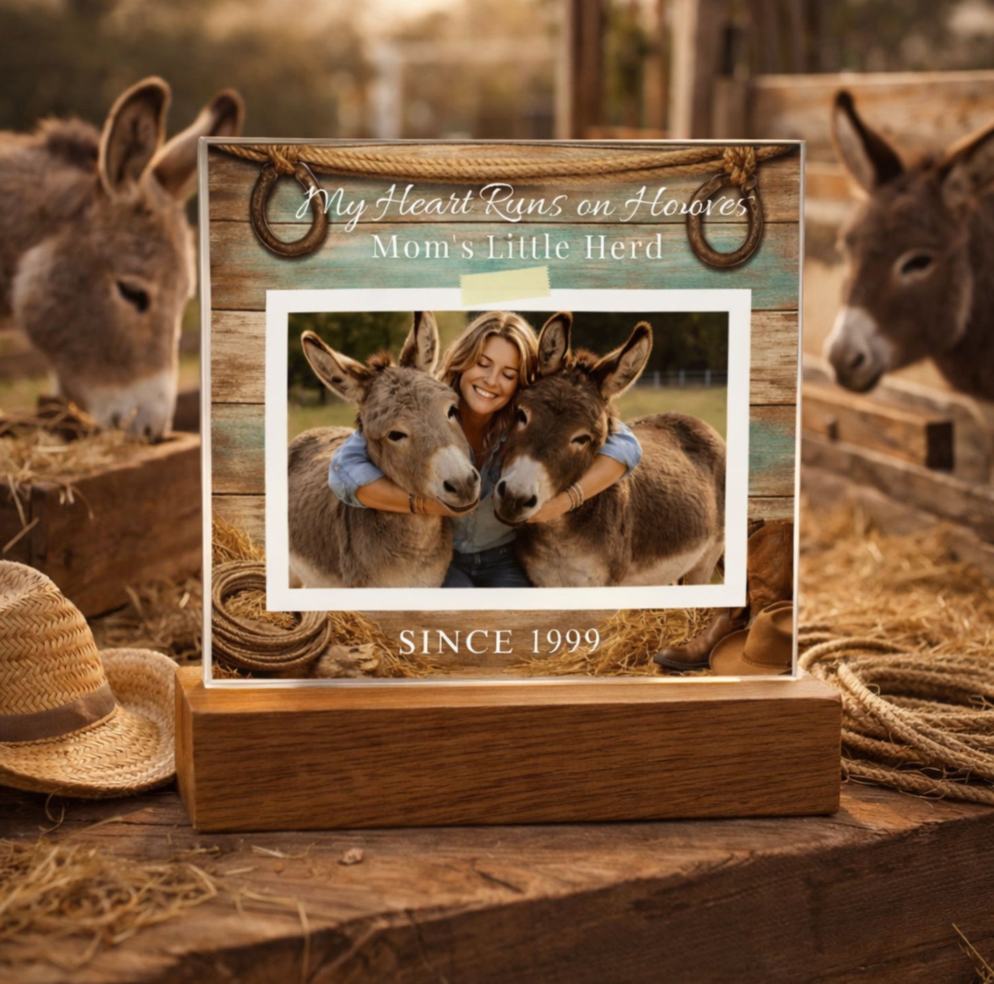 Personalized Donkey Mom Photo Square Acrylic Plaque – My Heart Runs on Hooves With Name & Date