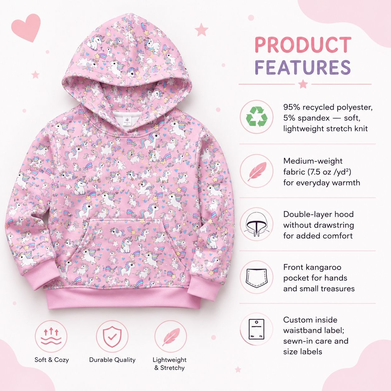 Kids' Unicorn Hoodie — Pink All-Over Print Magical Pony Pullover