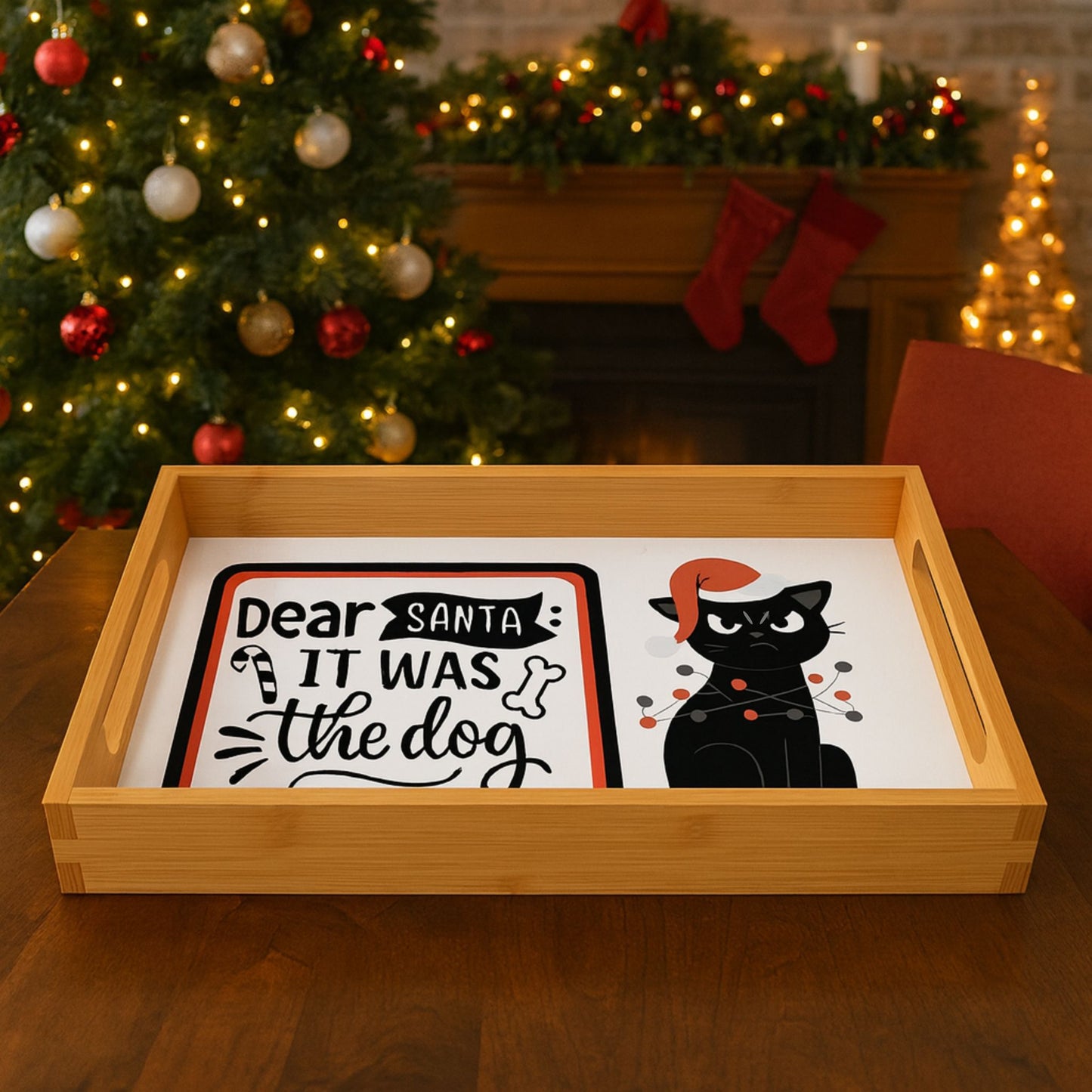 Funny Cat Wood Serving Tray | Christmas & Holiday Party Platter