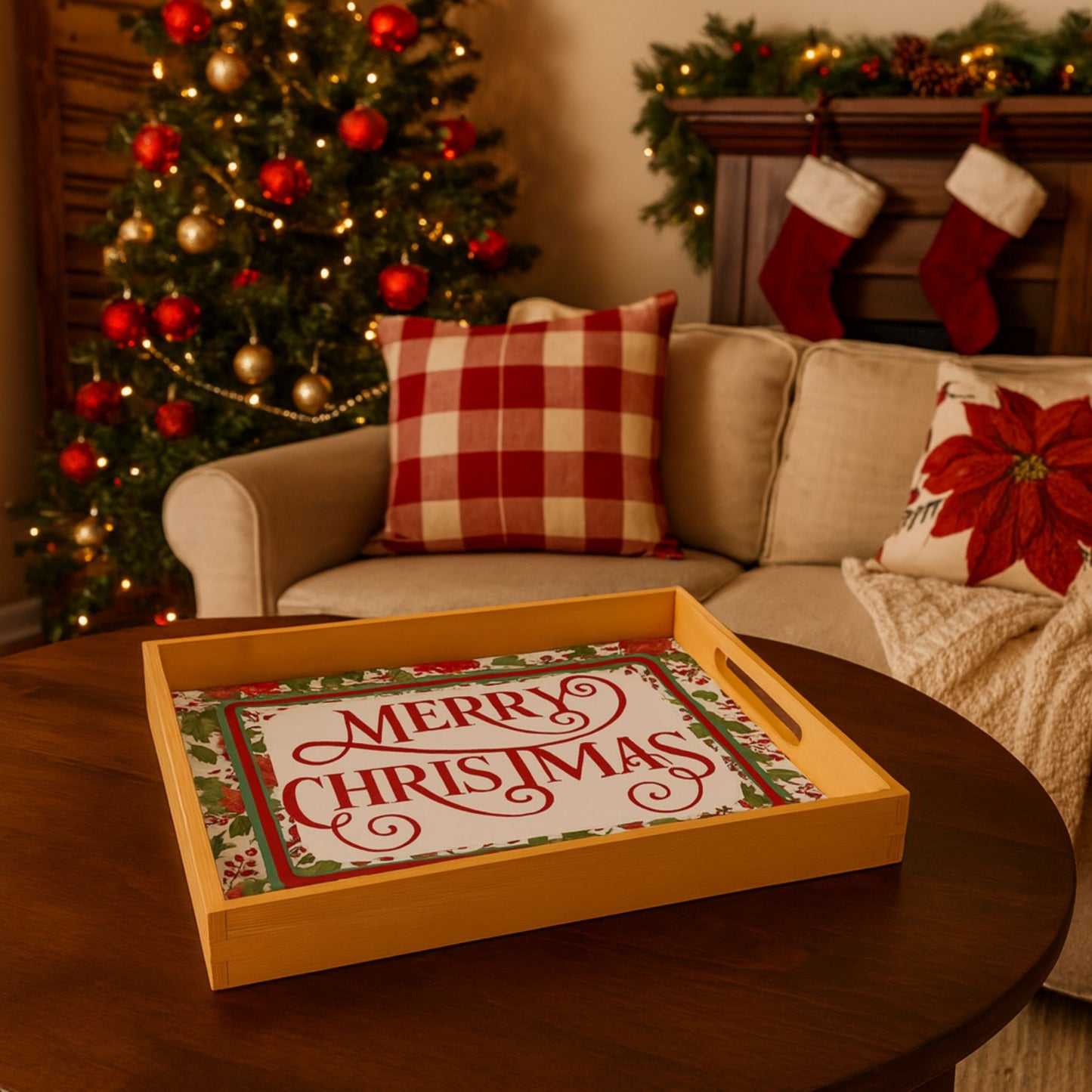 Espresso Black Merry Christmas Serving Tray – Large Wooden Holiday Platter