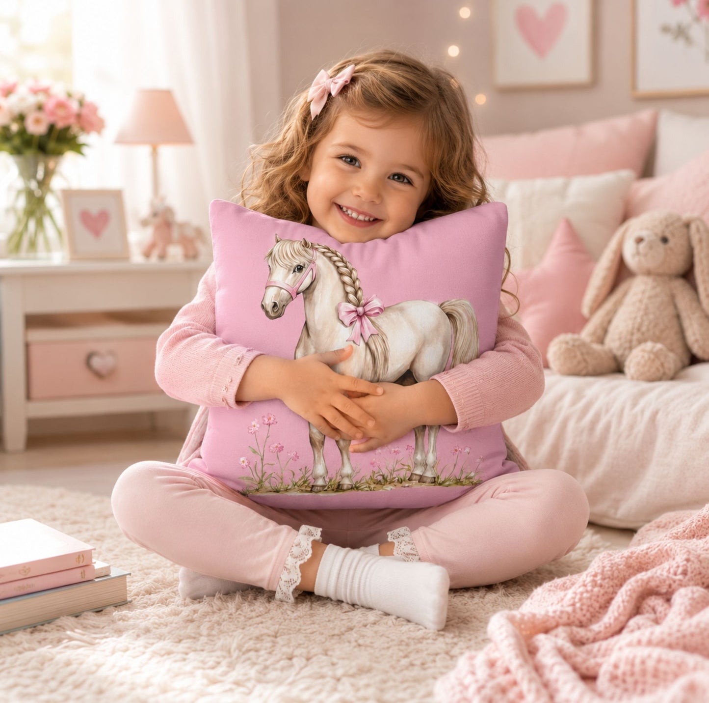 Pink Pony Decorative Pillowcase — Cute White Horse Throw Pillow Cover