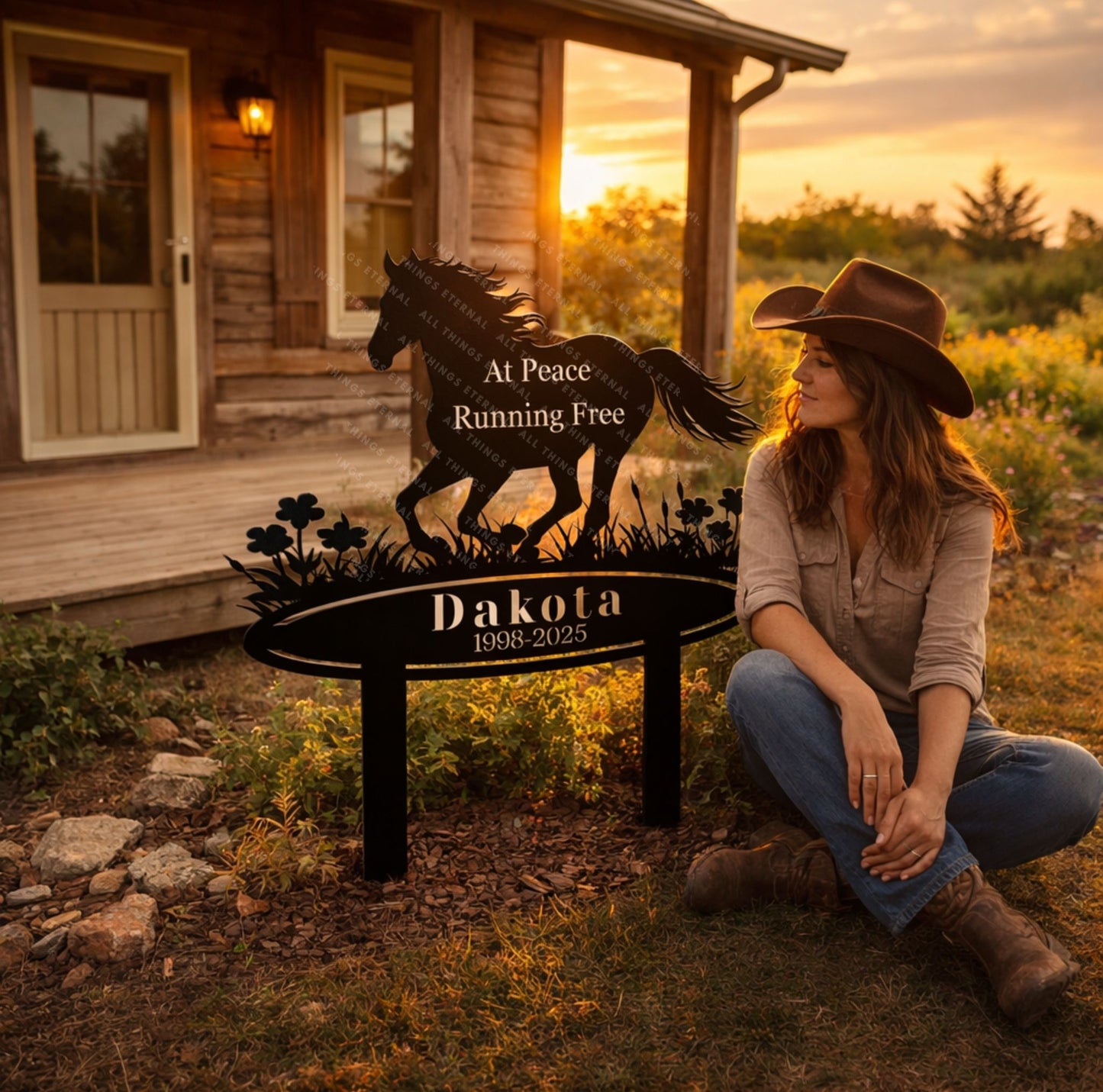 Horse Memorial Metal Garden Stake – Custom Running Horse Tribute Sign with Name & Dates