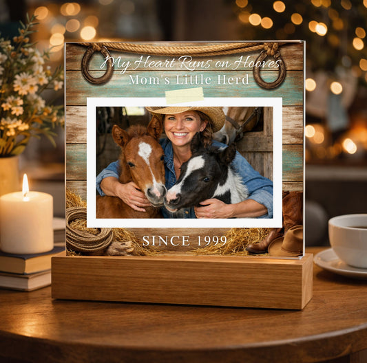 Personalized Horse Mom Photo Plaque – My Heart Runs on Hooves Custom Horse Lover Gift with Name & Date