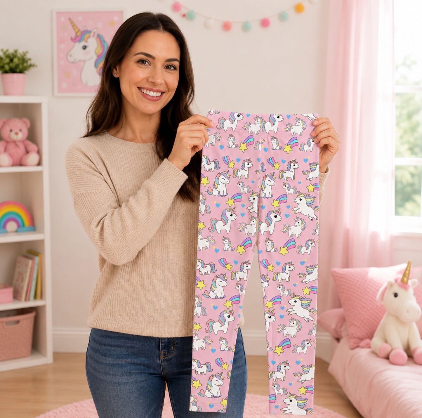 Pink Unicorn Kids Leggings — Cute Rainbow Stars All-Over Print