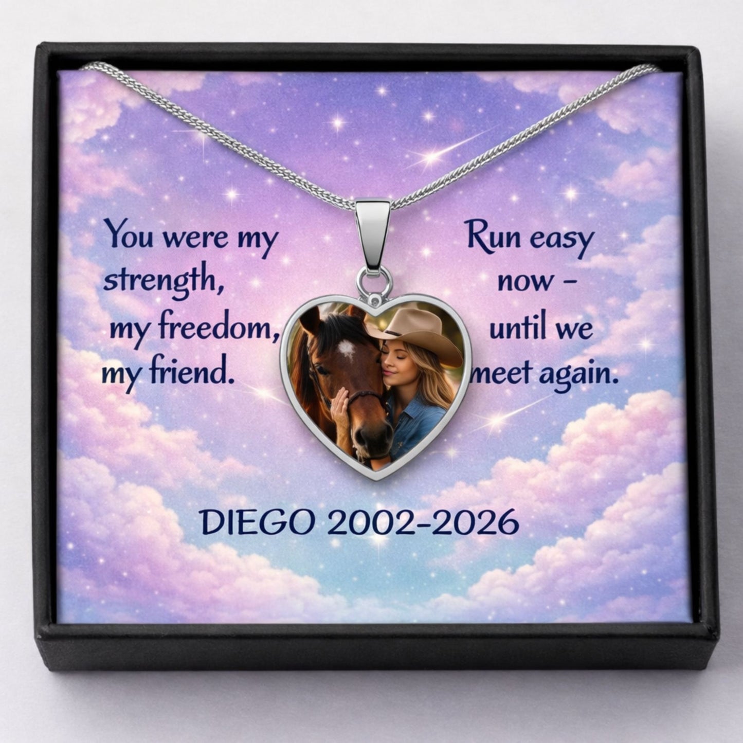 Custom Horse Memorial Photo Heart Necklace with Message Card Gift For Horse Lovers